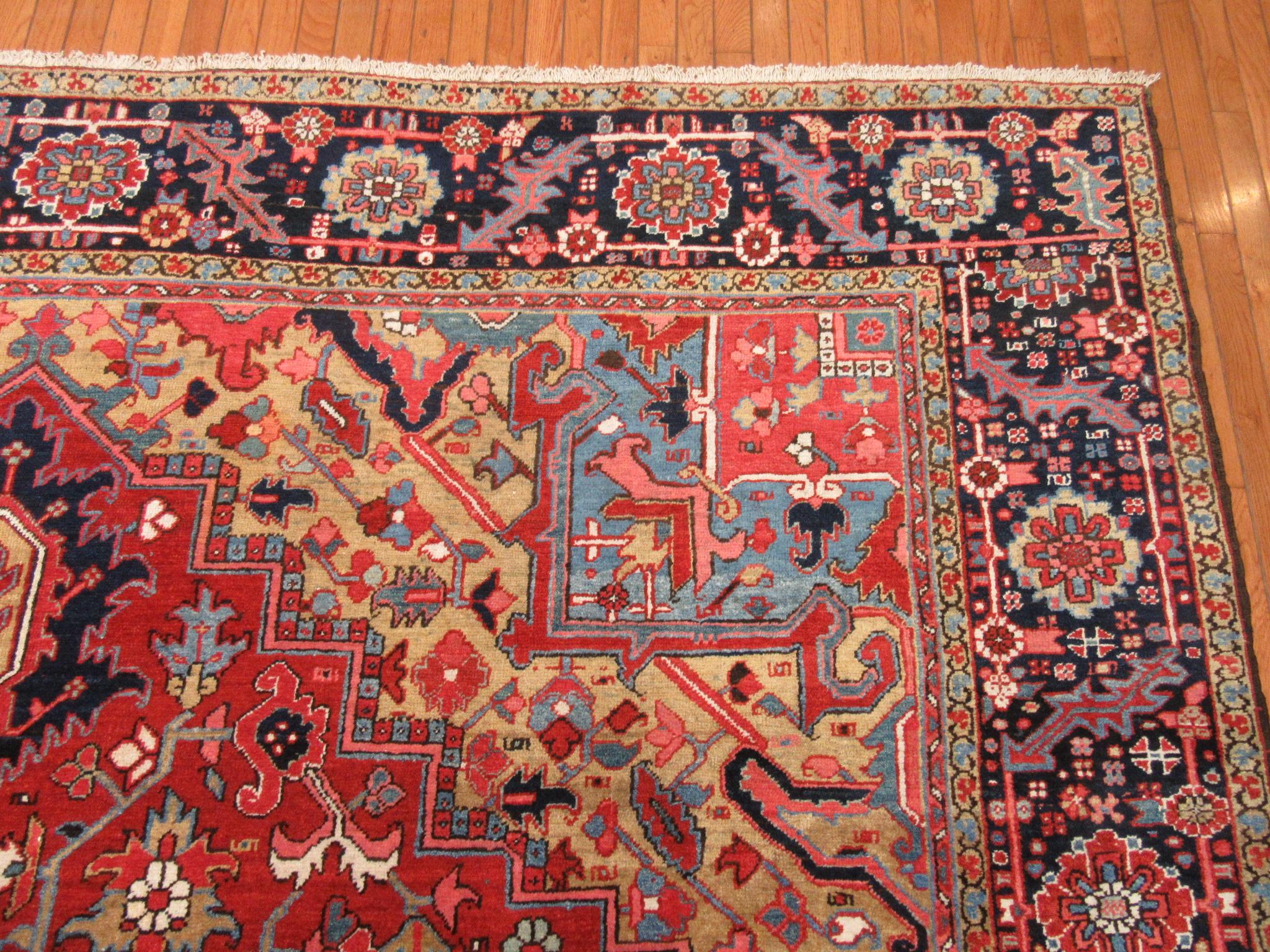 20th Century Large 10 x 13 Antique Hand Knotted Red wool Persian Heriz Rug For Sale