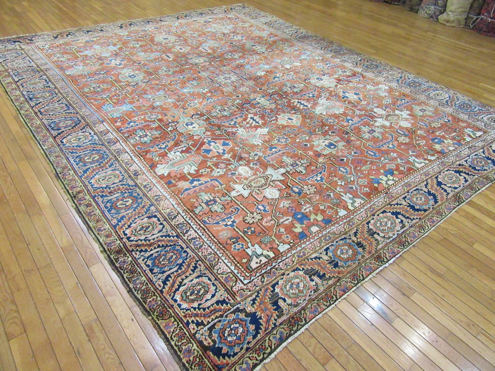 Large Antique Hand-Knotted Persian Heriz Rug 3