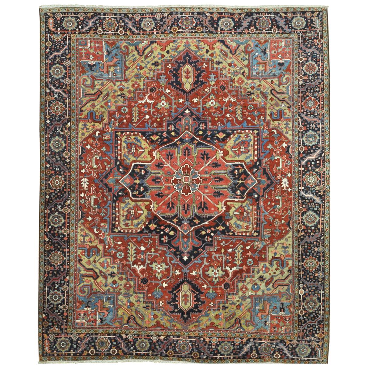 Large 10 x 13 Antique Hand Knotted Red wool Persian Heriz Rug For Sale