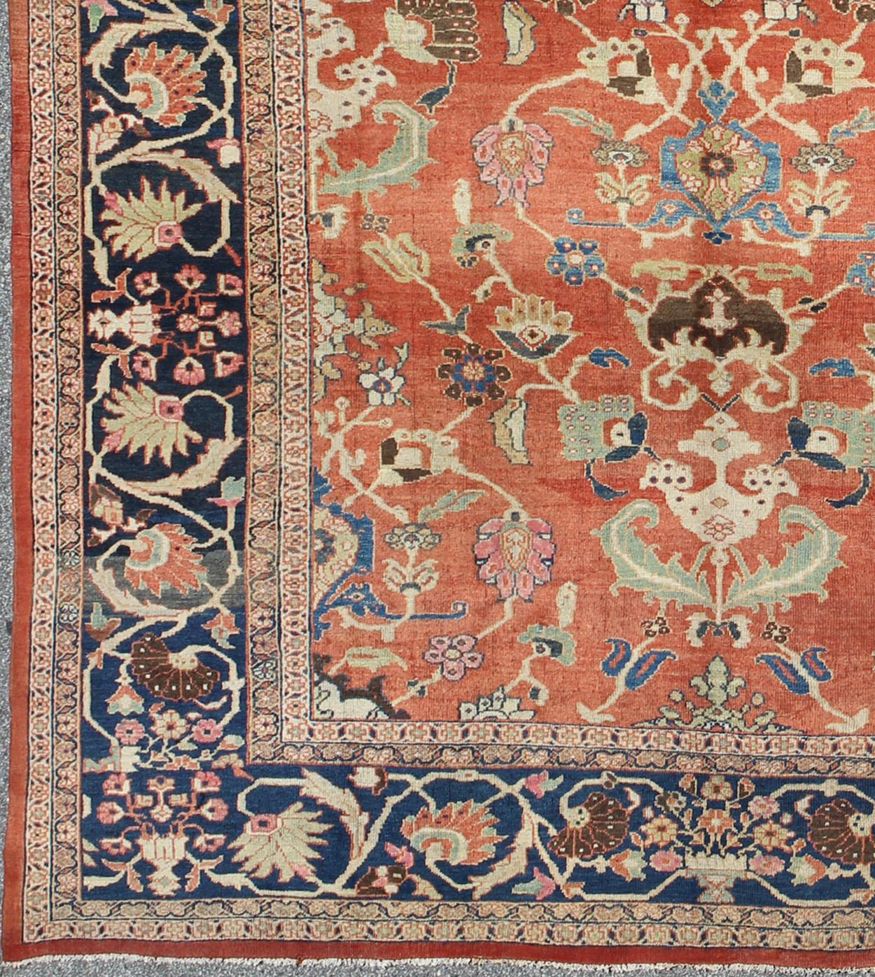 Hand-Knotted Large Antique Hand Knotted Persian Sultanabad Rug in Red and Blue For Sale