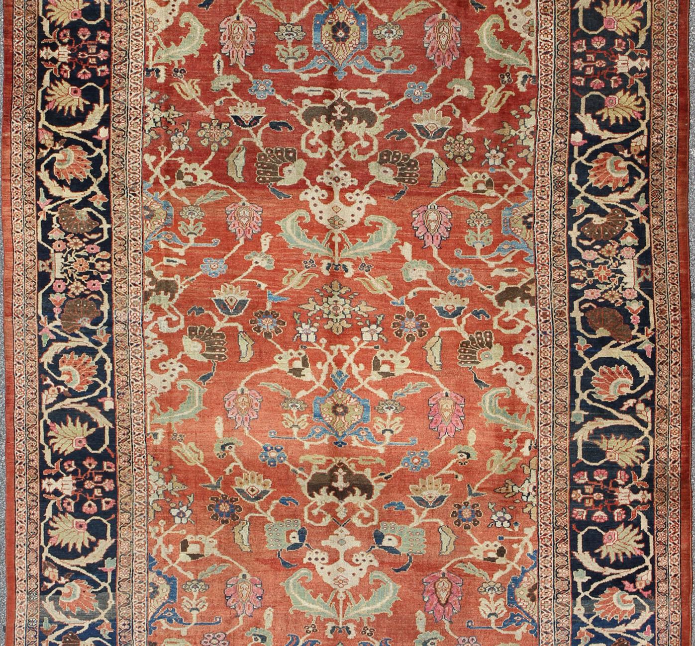 Large Antique Hand Knotted Persian Sultanabad Rug in Red and Blue In Good Condition For Sale In Atlanta, GA
