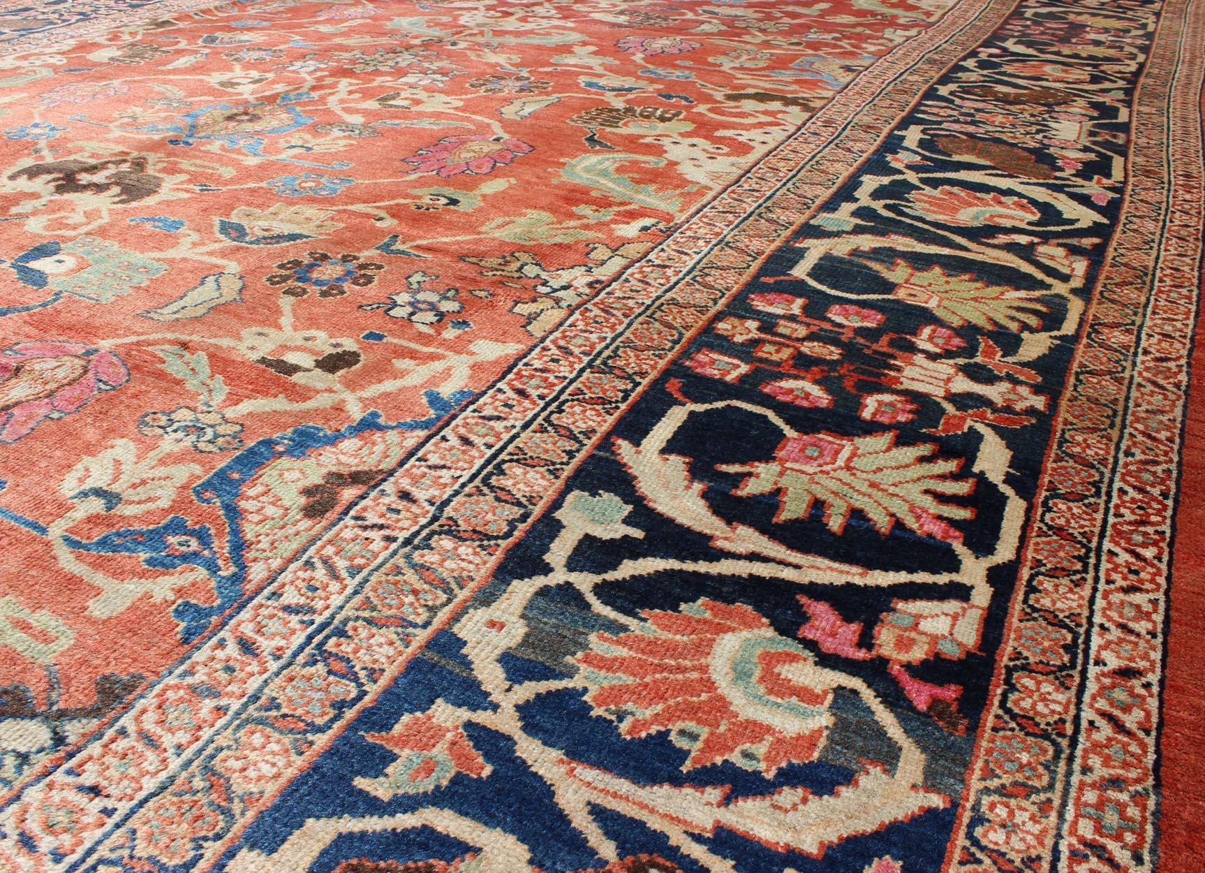 Large Antique Hand Knotted Persian Sultanabad Rug in Red and Blue For Sale 2