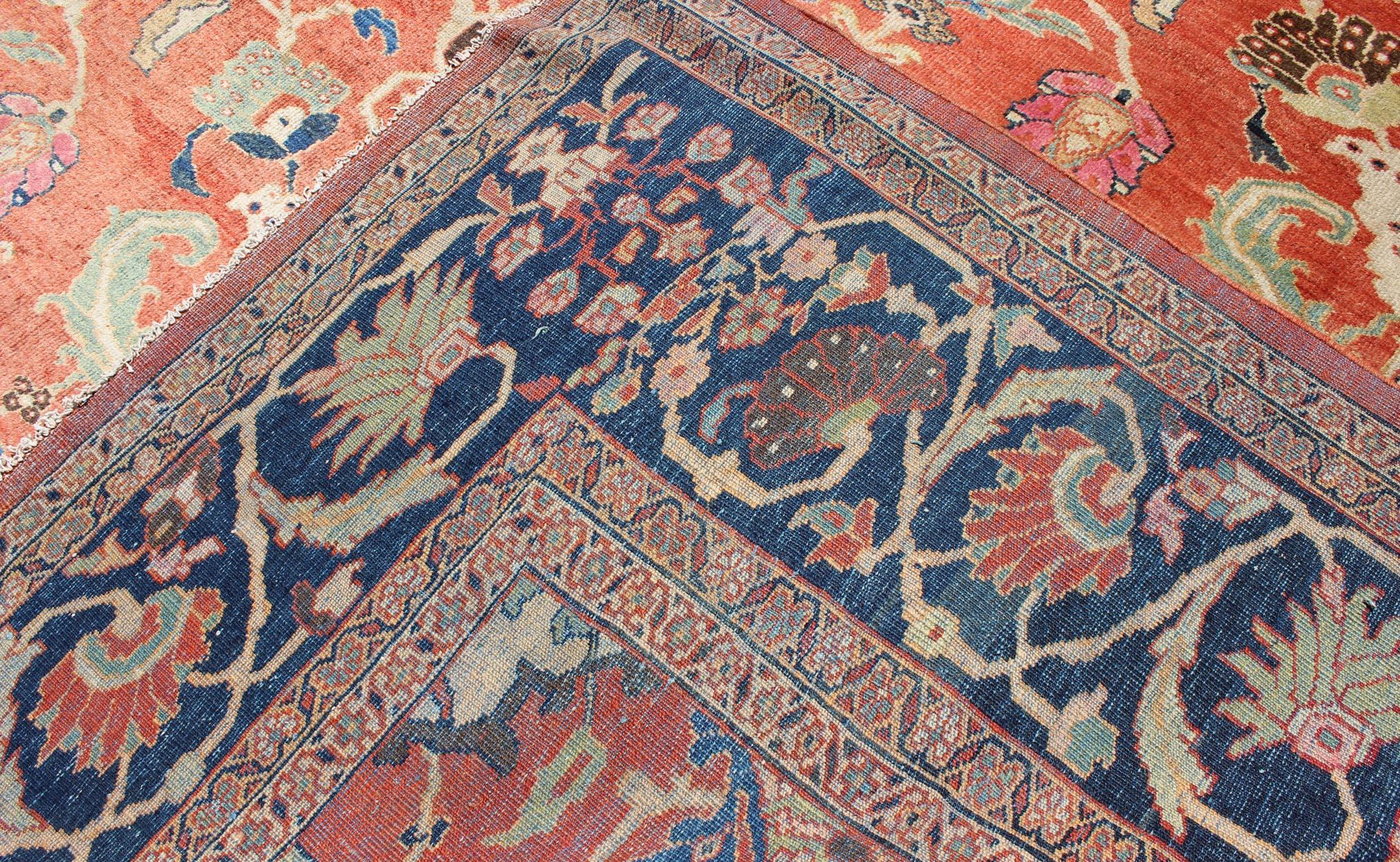 Large Antique Hand Knotted Persian Sultanabad Rug in Red and Blue For Sale 3
