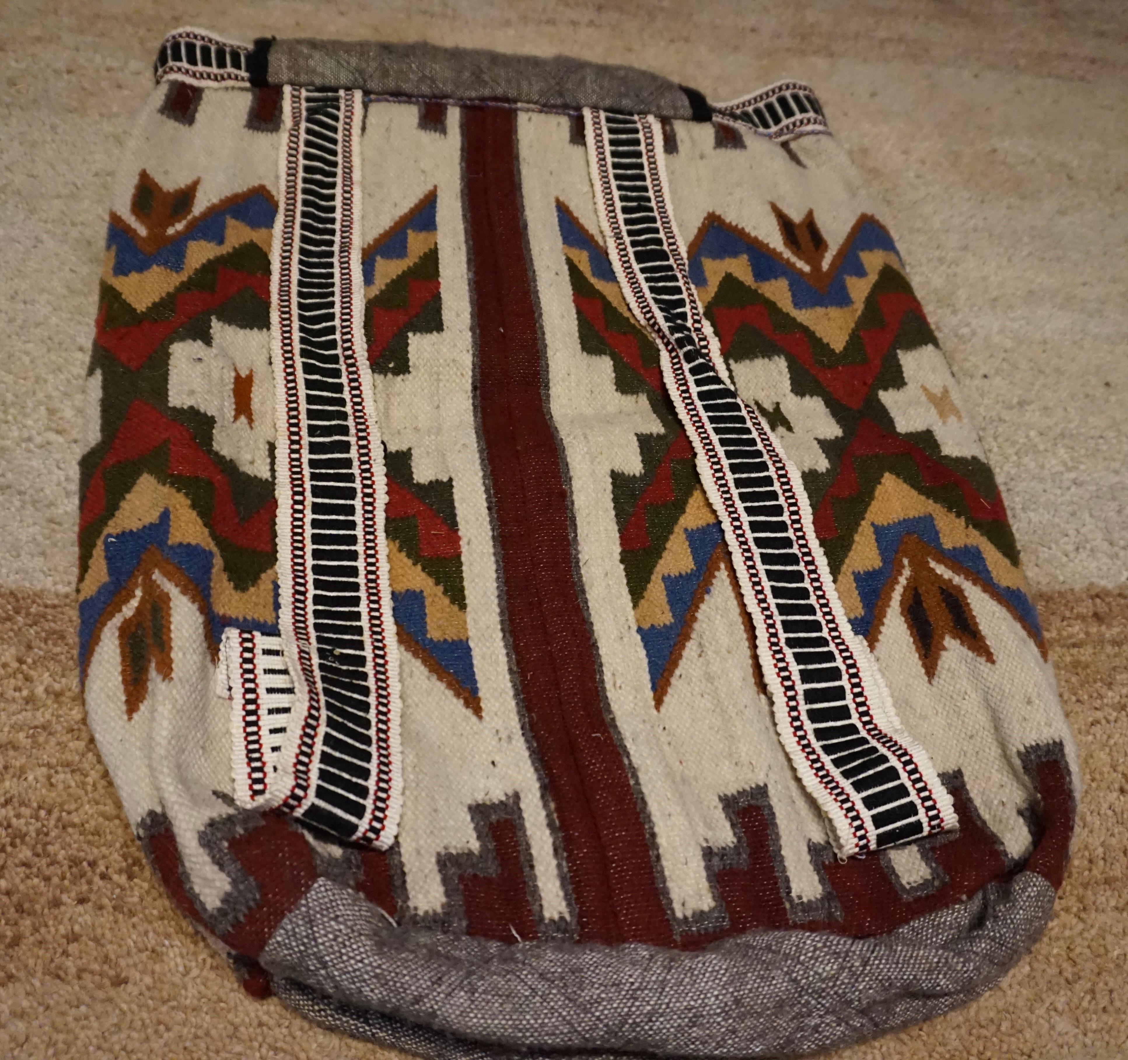 Wool Large Antique Hand Knotted Turkish Tribal Sumak Knapsack Baby Carrier For Sale