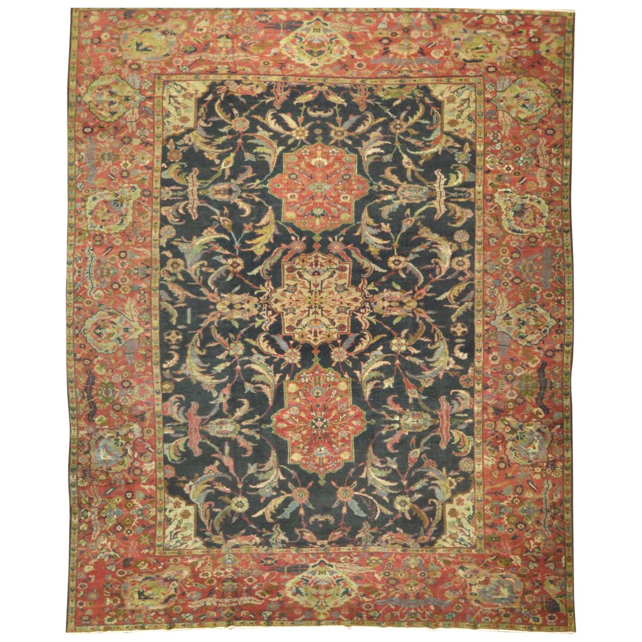Large Antique Hand Knotted Wool Blue Salmon Green Color Persian Sultanabad Rug For Sale at 1stDibs