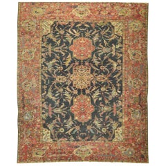 Large Antique Hand Knotted Wool Blue Salmon Green Color Persian Sultanabad Rug