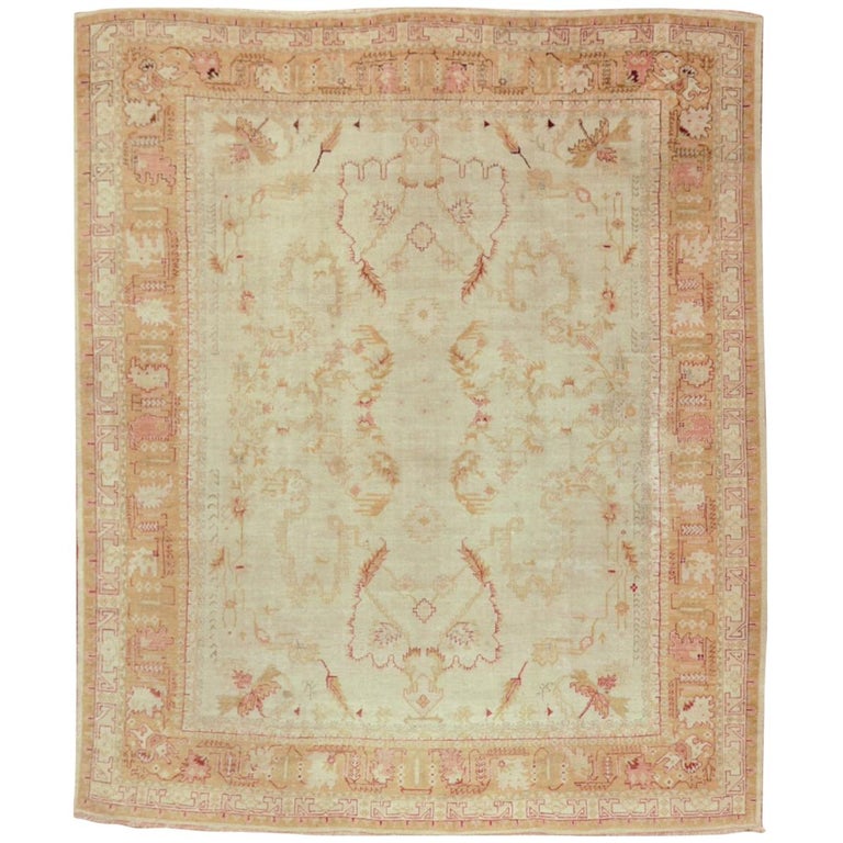 Large Antique Hand Knotted Wool In Ivory Red Gold Colors Turkish Oushak Rug For Sale At 1stdibs
