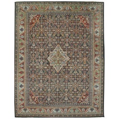 Large Antique Hand Knotted Wool Navy Blue Persian Mahal Rug