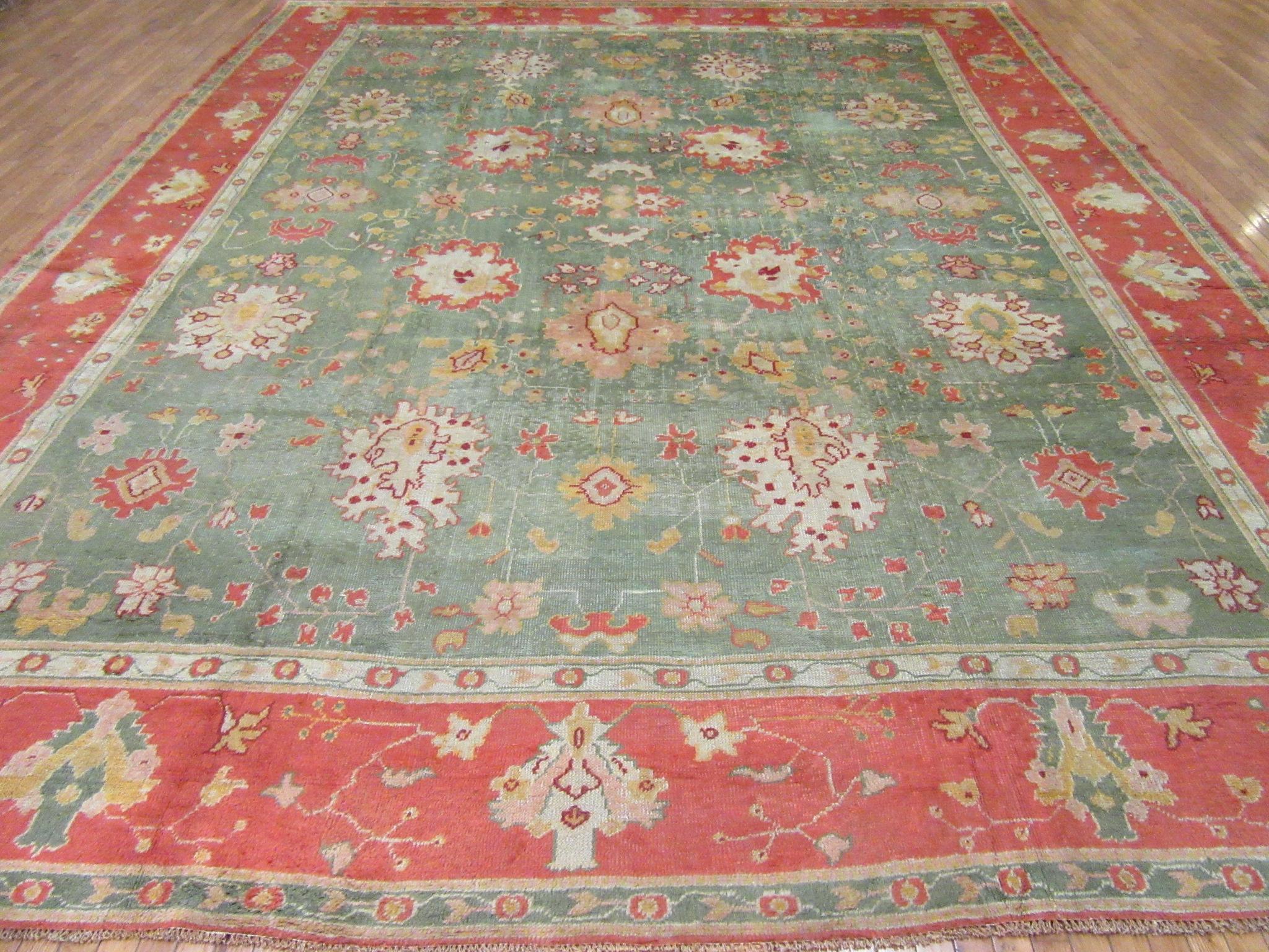 Large Antique Hand Knotted Wool Turkish Oushak Rug For Sale 7