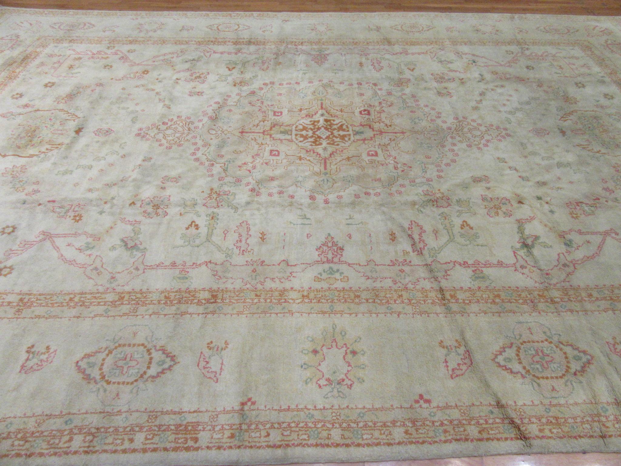 Large Antique Hand Knotted Wool Turkish Oushak Rug For Sale 8