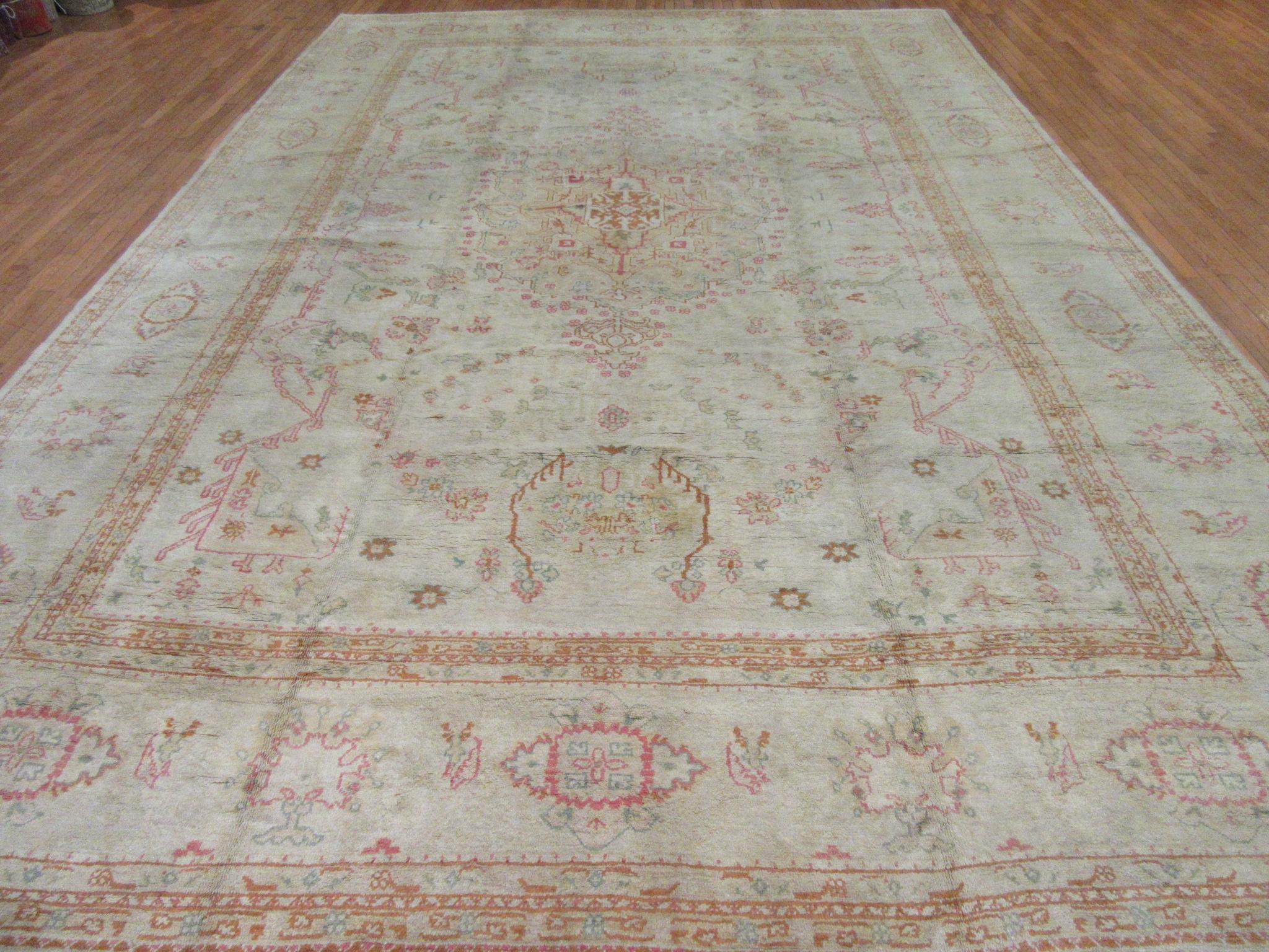 Large Antique Hand Knotted Wool Turkish Oushak Rug For Sale 9