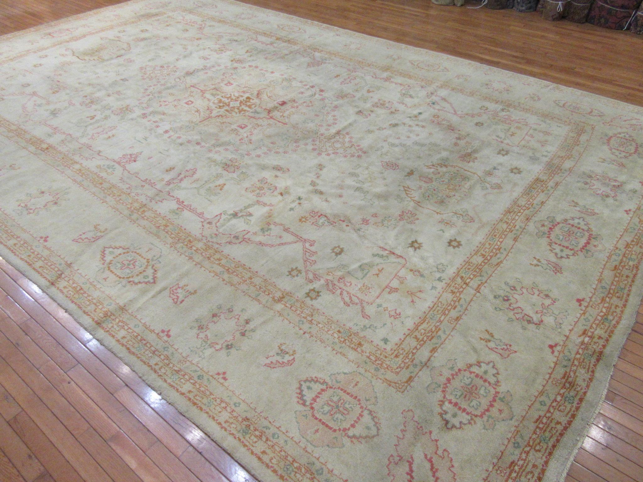 Large Antique Hand Knotted Wool Turkish Oushak Rug For Sale 11