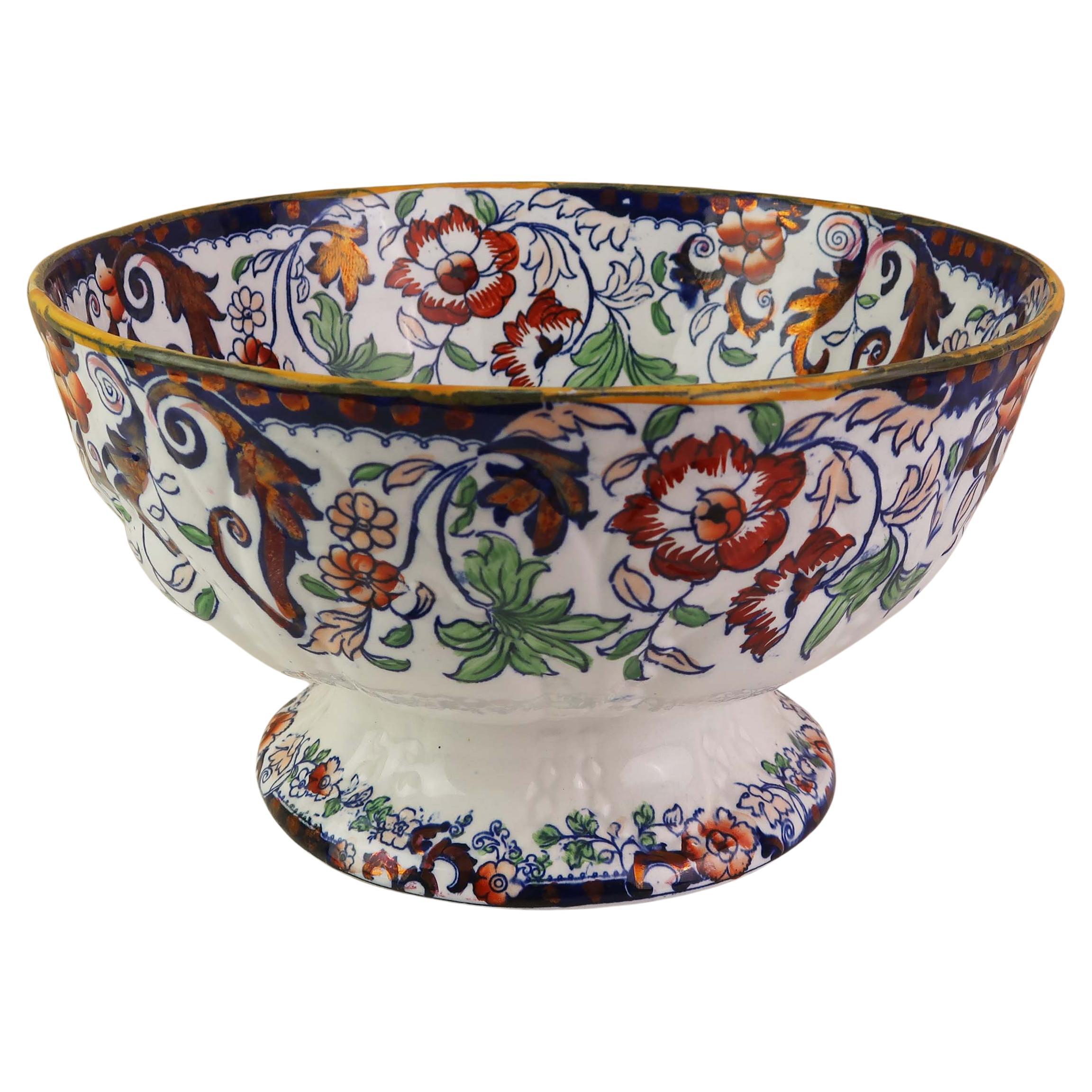 Large Antique Hand Painted Ironstone Pottery Bowl. English C.1860