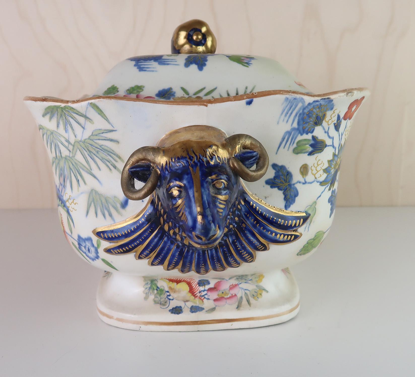 Hand-Painted Large Antique Hand Painted Ironstone Pottery Tureen. English C.1820 For Sale