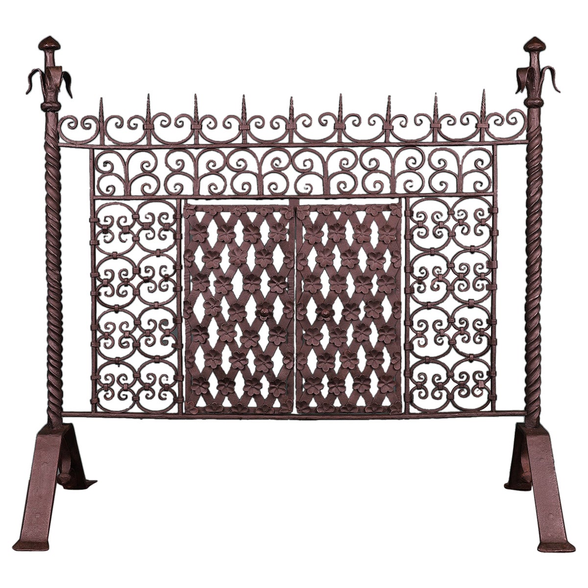Large Antique Hand-Wrought Iron Fireplace Fire Screen Circa 1800