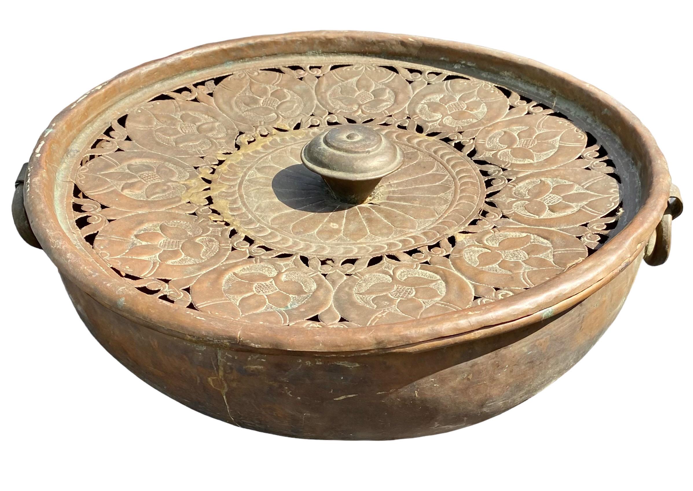 Tribal Large Antique Handcrafted Decorative Round Pierced Copper Server With Lid For Sale