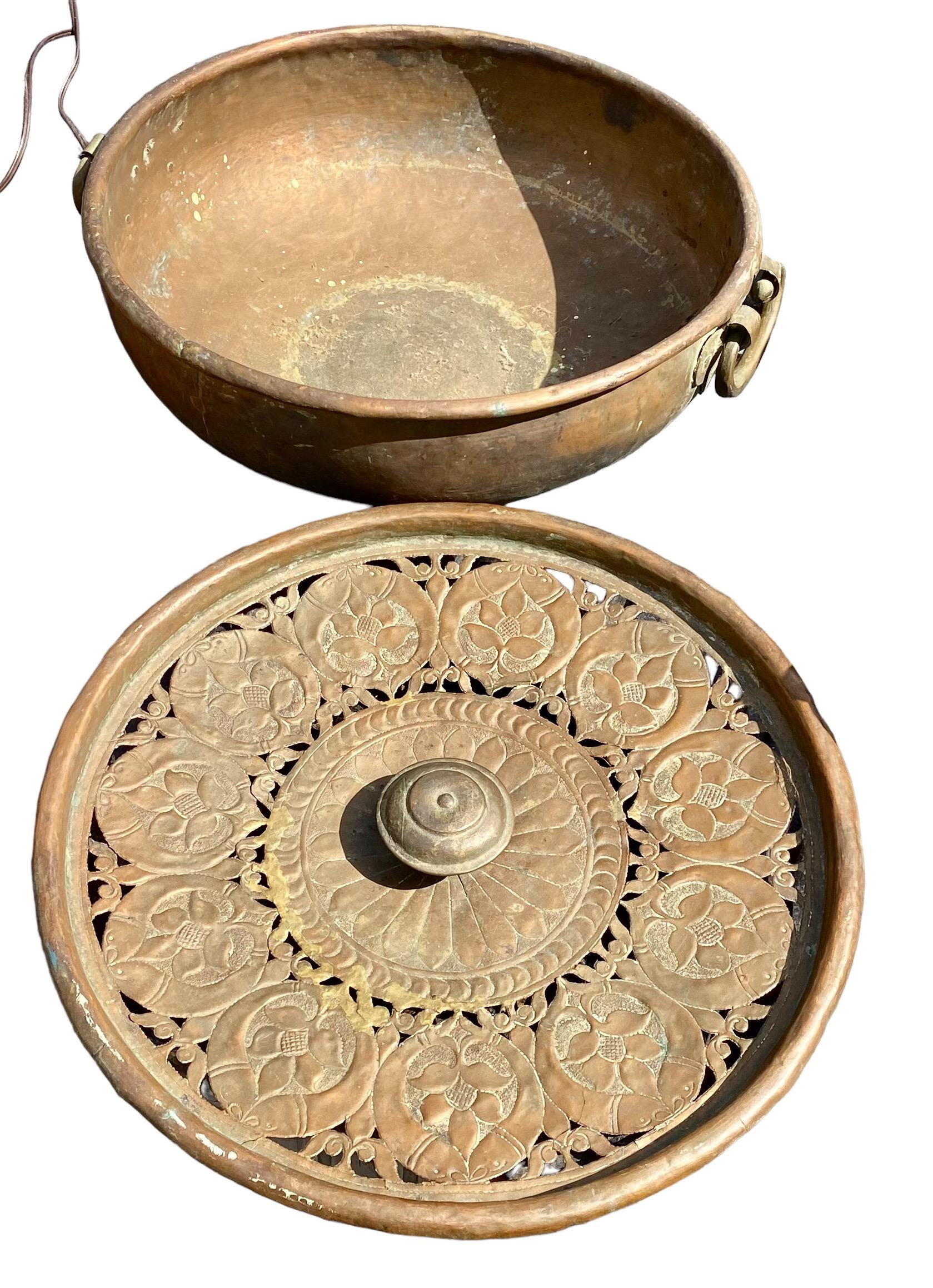 Indian Large Antique Handcrafted Decorative Round Pierced Copper Server With Lid For Sale