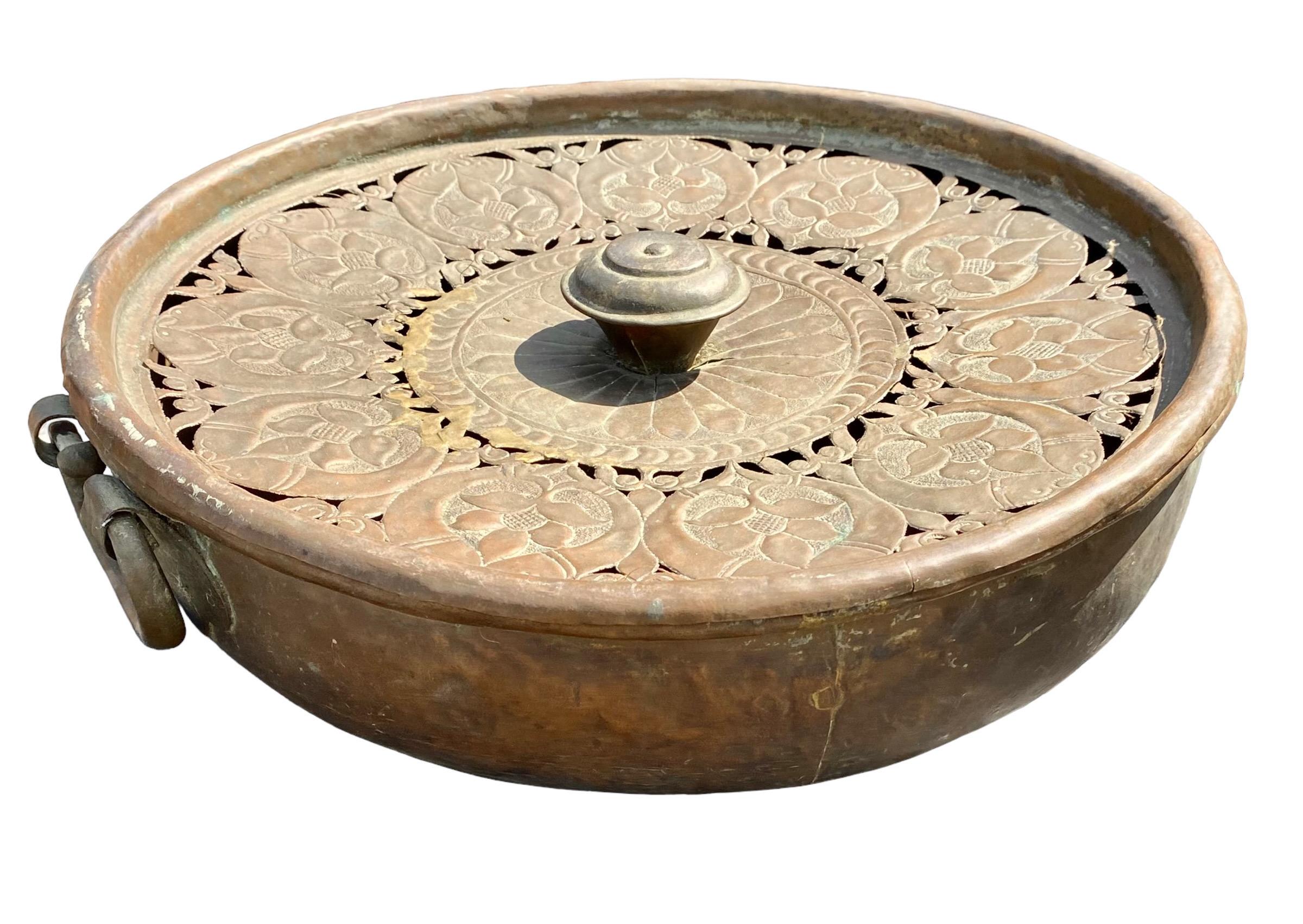 Hammered Large Antique Handcrafted Decorative Round Pierced Copper Server With Lid For Sale