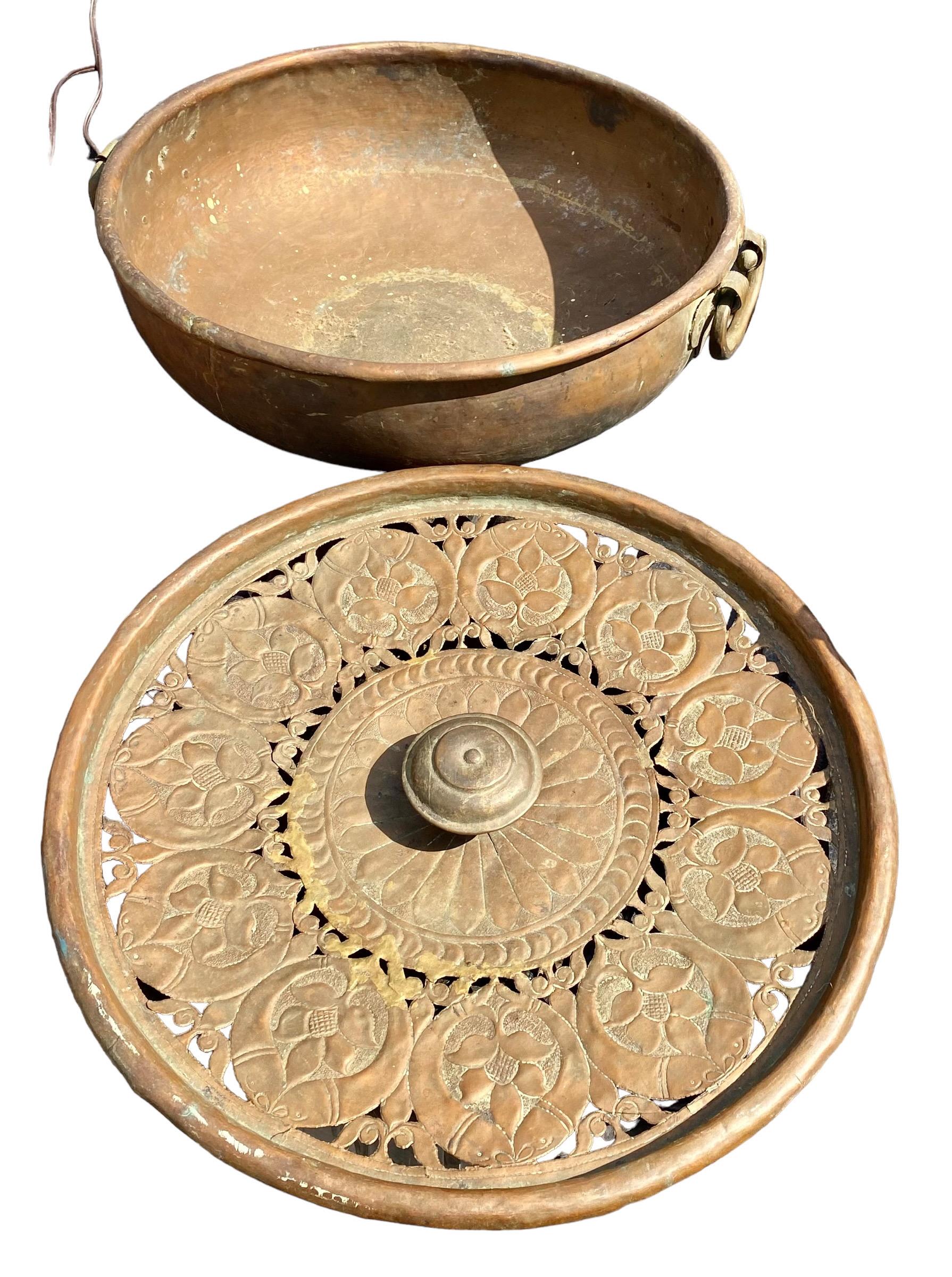 Large Antique Handcrafted Decorative Round Pierced Copper Server With Lid In Good Condition For Sale In New Orleans, LA