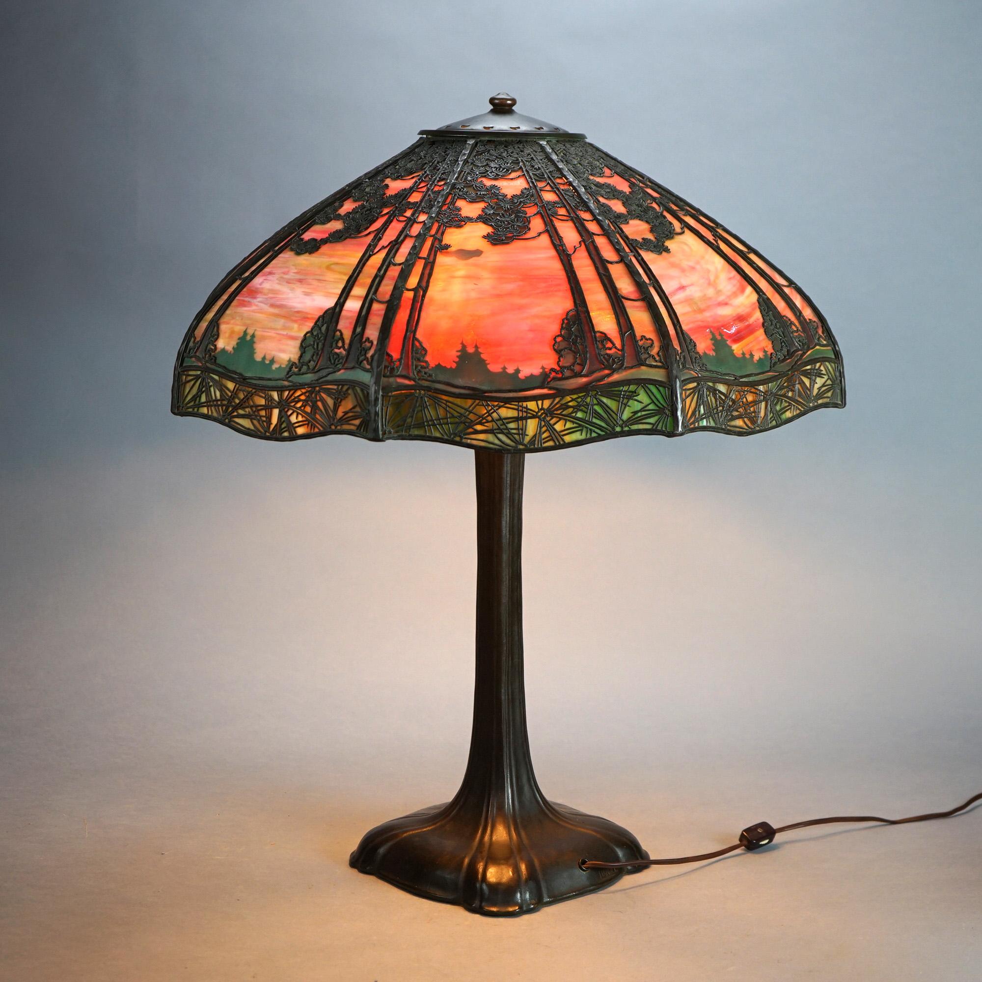 Large Antique Handel Triple Socket Bronze Overlay Bent Slag Glass Sunset Landscape Table Lamp C1920

Measures- 27.25