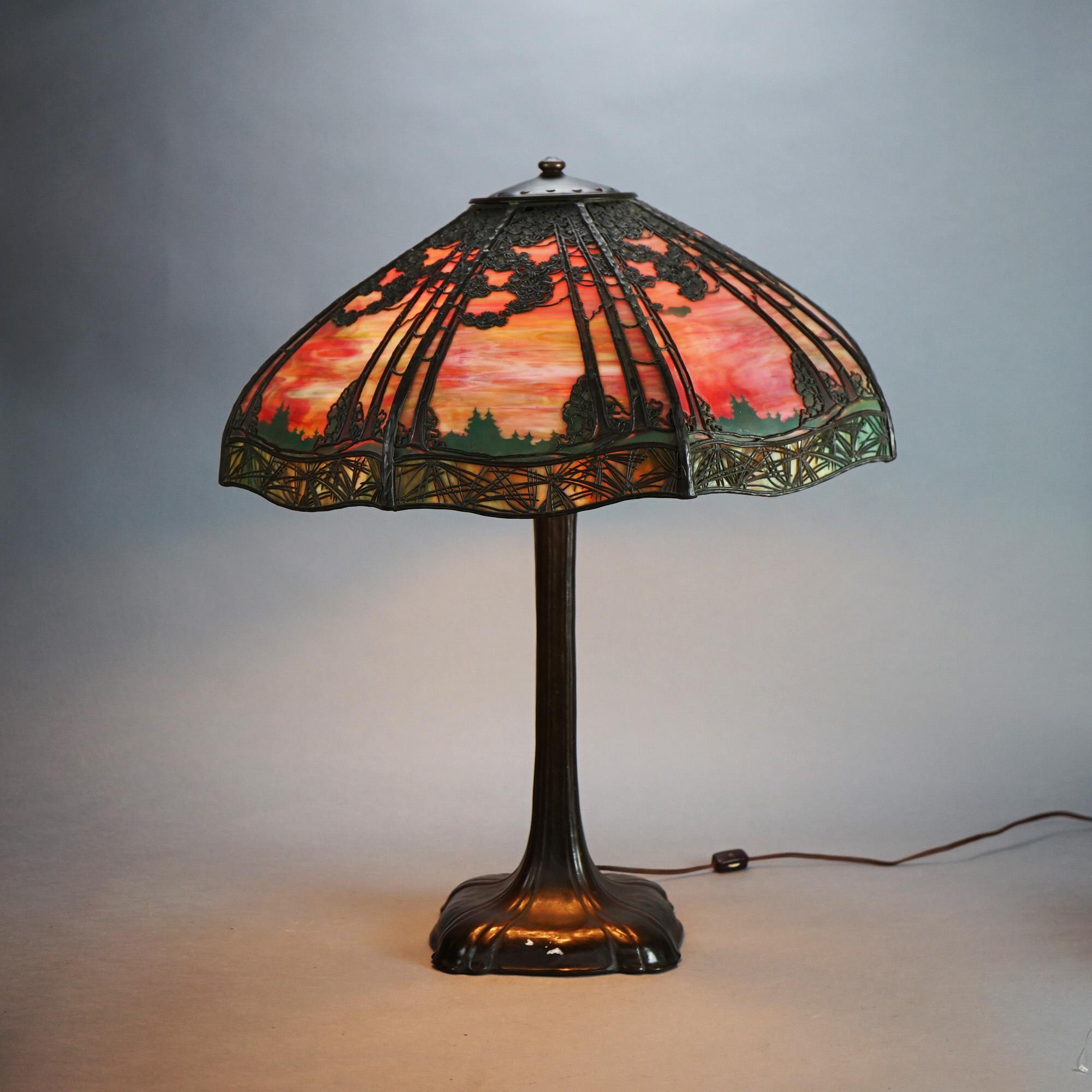 Arts and Crafts Large Antique Handel Bronze Overlay Slag Glass Sunset Landscape Table Lamp C1920