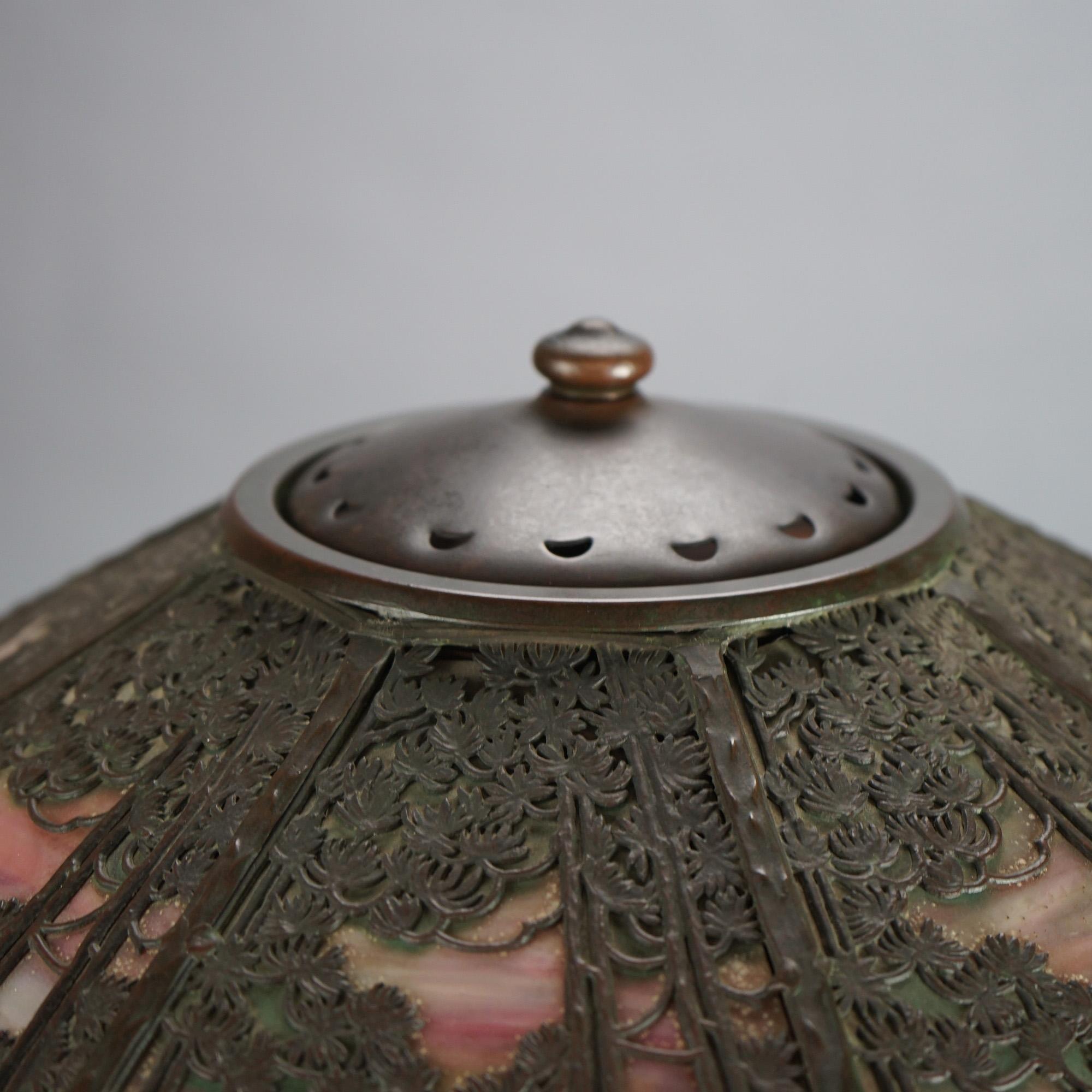 Large Antique Handel Bronze Overlay Slag Glass Sunset Landscape Table Lamp C1920 In Good Condition In Big Flats, NY