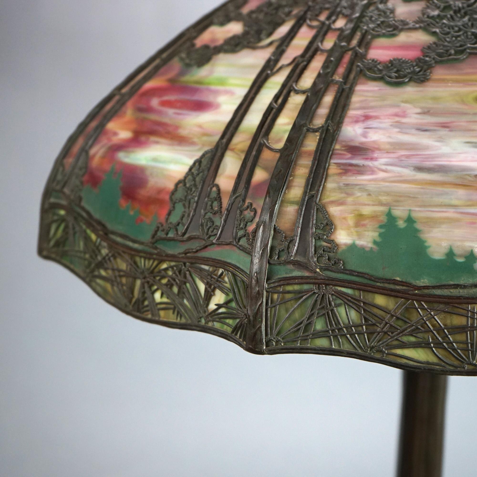 20th Century Large Antique Handel Bronze Overlay Slag Glass Sunset Landscape Table Lamp C1920