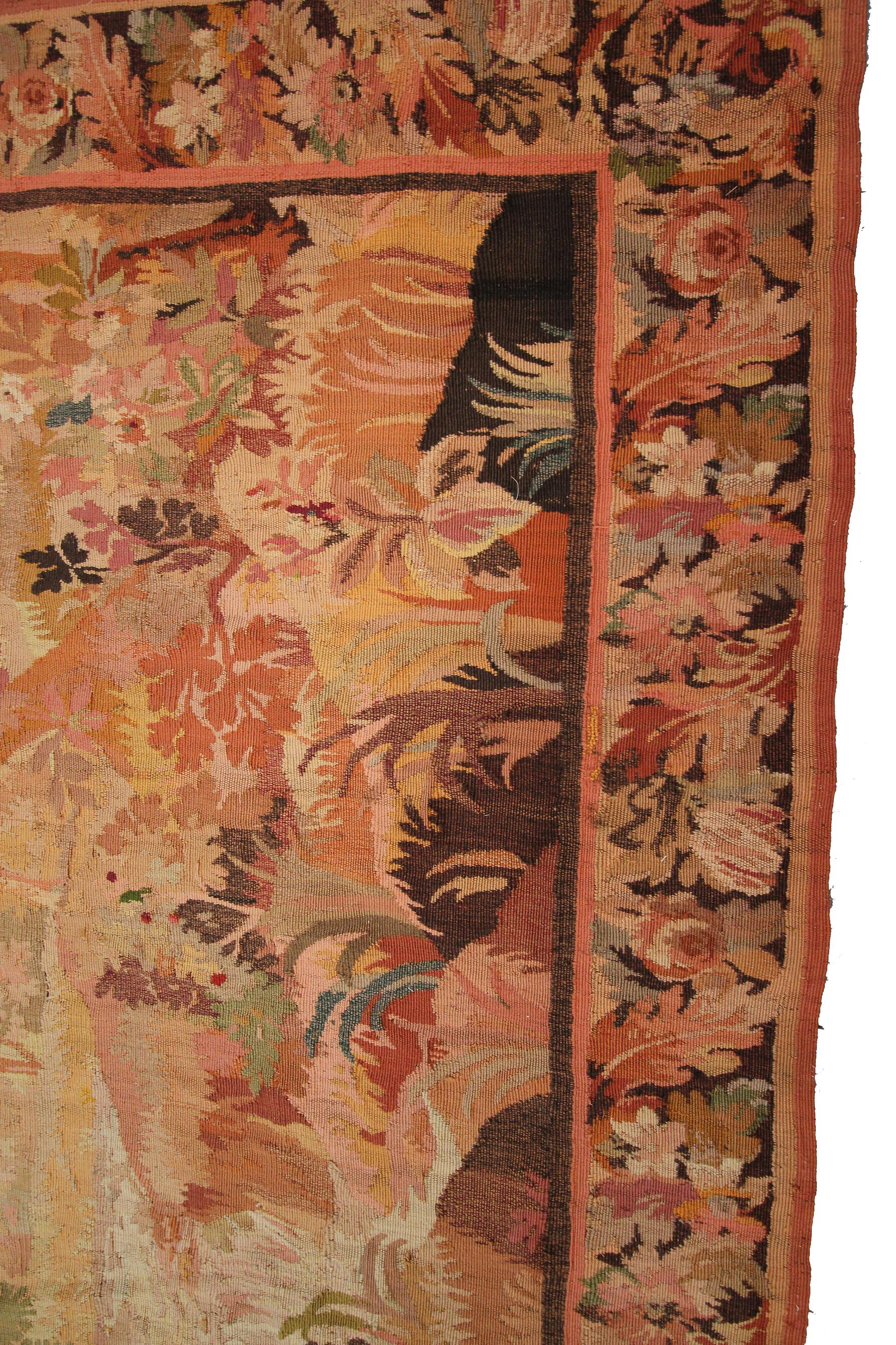 Hand-Woven Large Antique Handmade Tapestry Bird Verdure French Tapestry