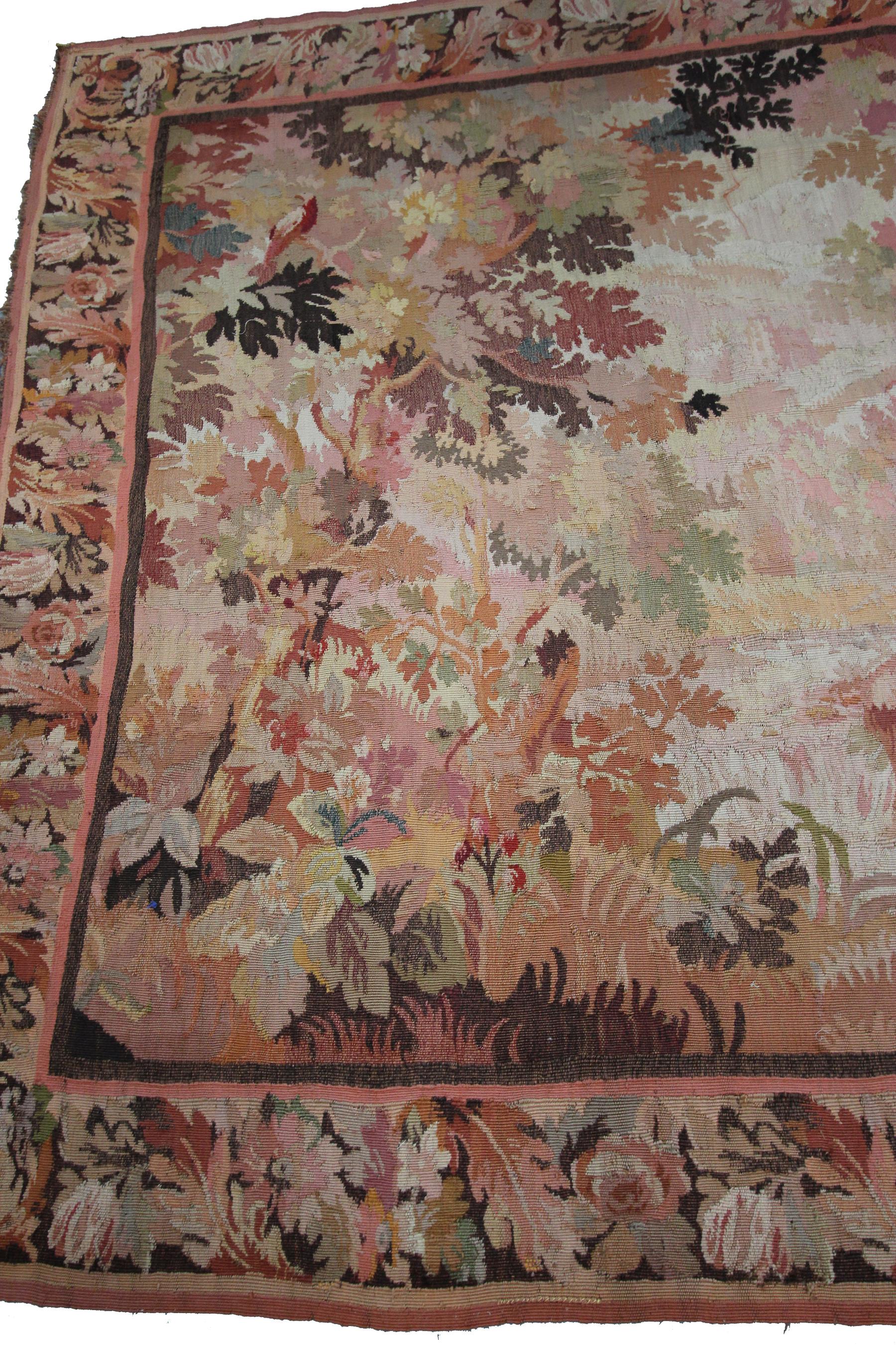 Large Antique Handmade Tapestry Bird Verdure French Tapestry In Good Condition In New York, NY