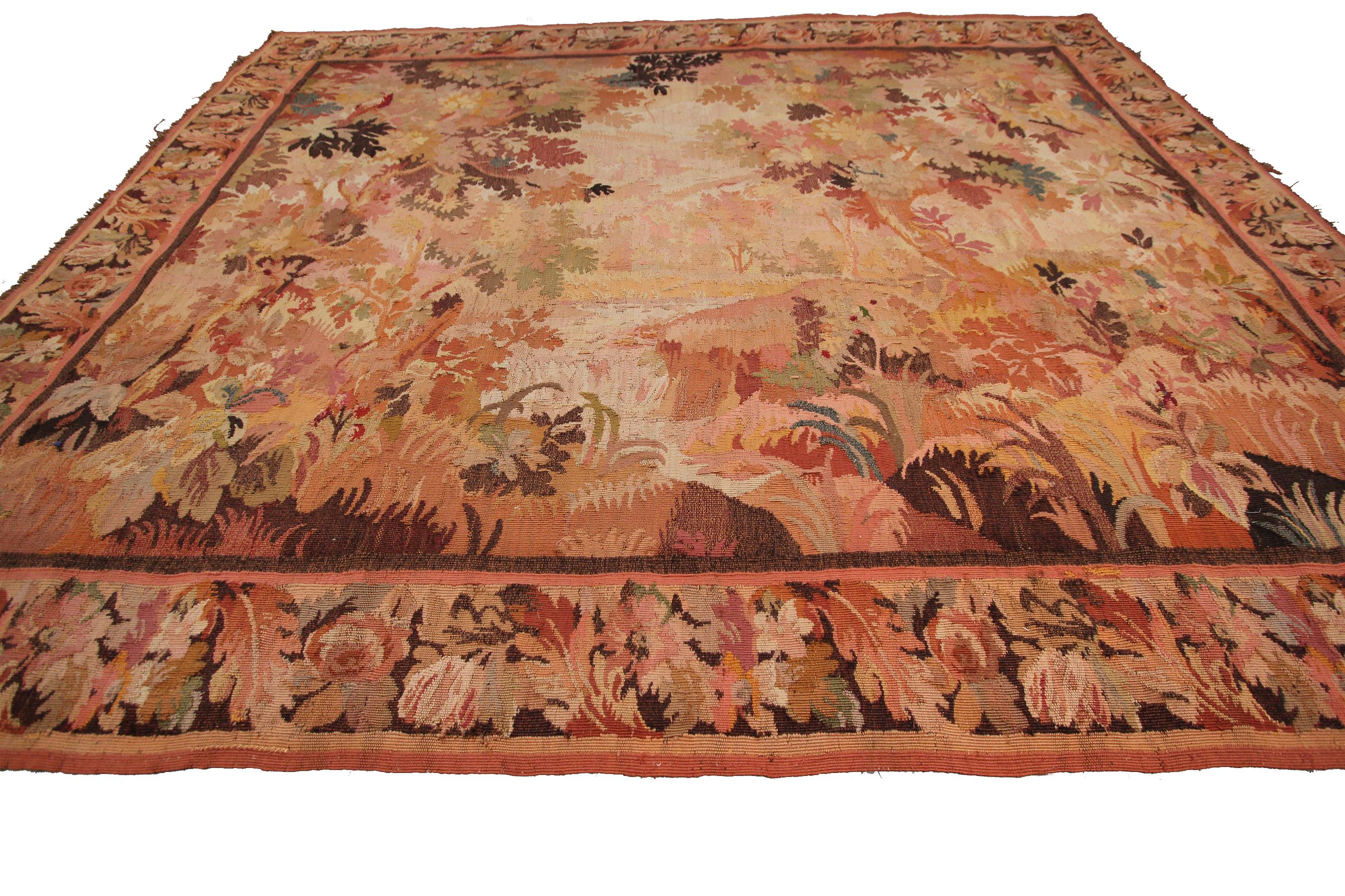 Wool Large Antique Handmade Tapestry Bird Verdure French Tapestry