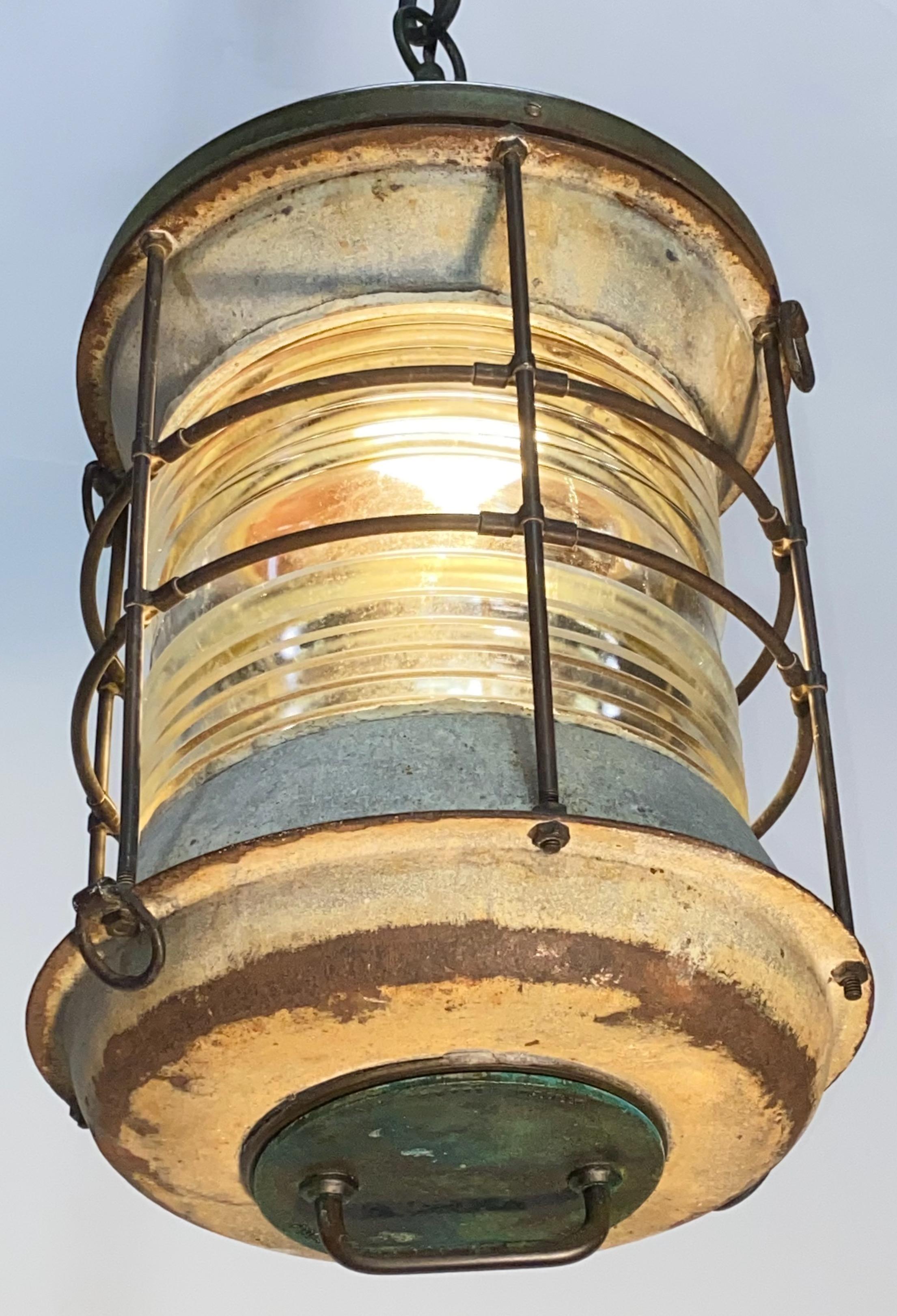 Large Antique Hanging Ship Lantern Pendant Light Fixture In Good Condition In San Francisco, CA
