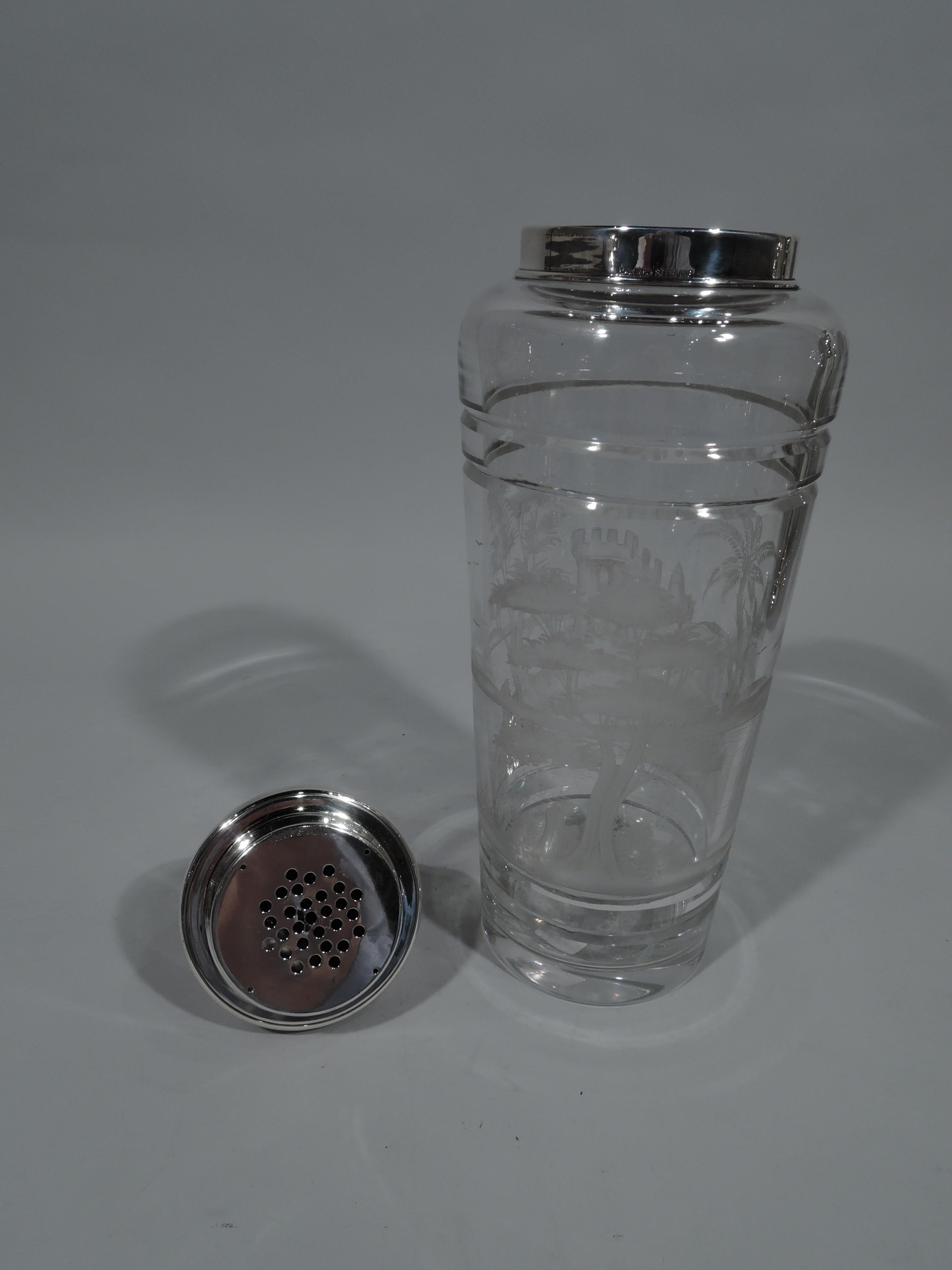 American Large Antique Hawkes Glass and Sterling Silver Cocktail Shaker