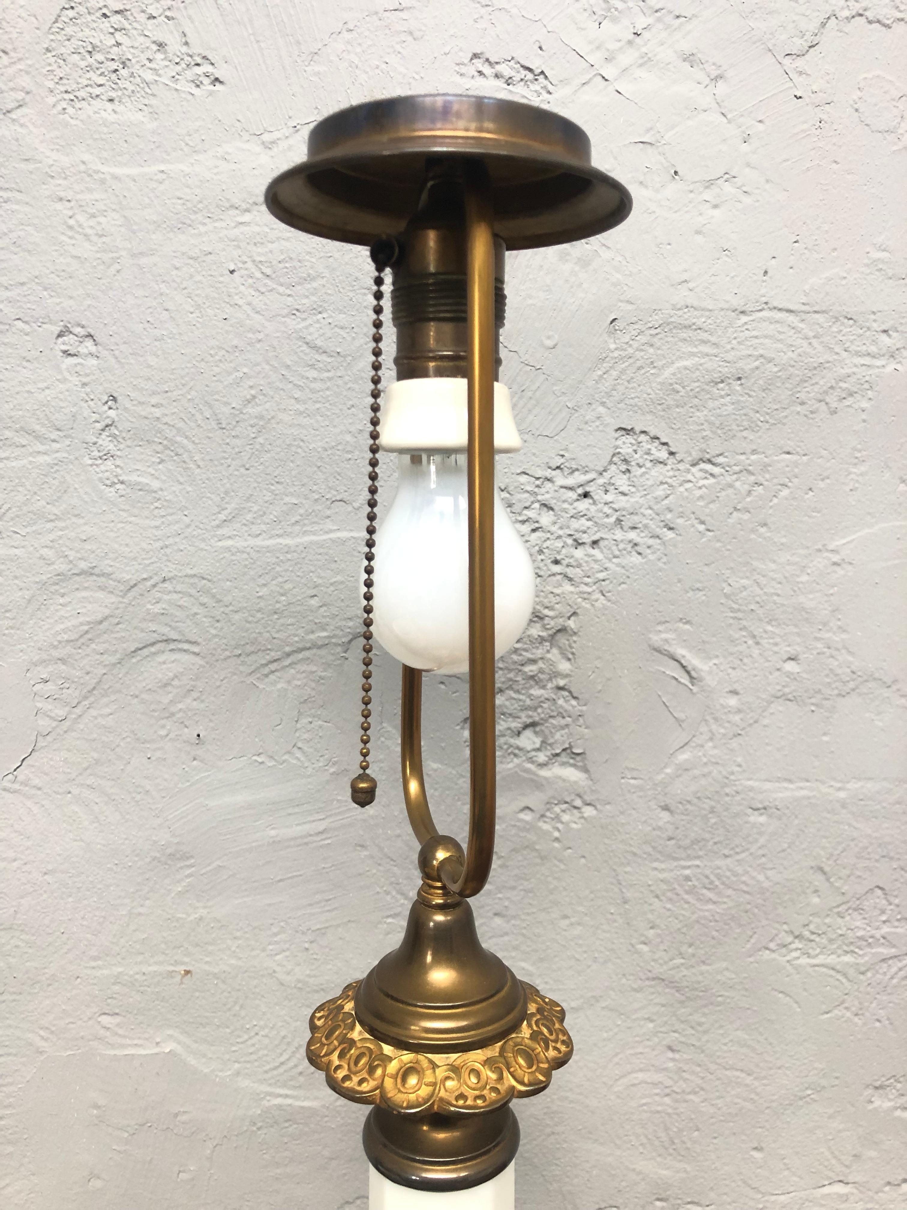 Brass Large Antique Heiberg Opaline Glass Table Lamp from the 1920s For Sale