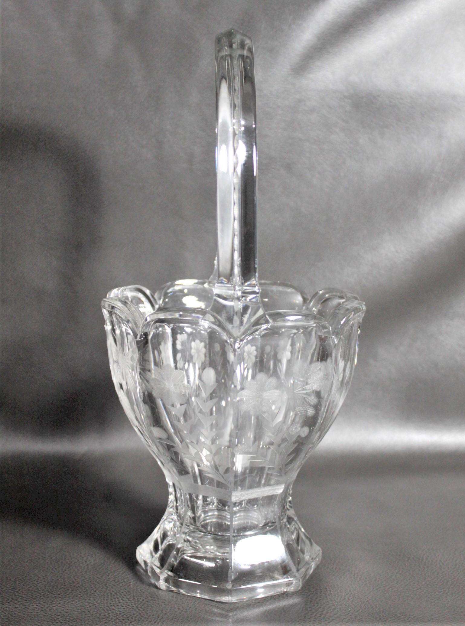 Art Deco Large Antique Heisey Crystal Basket Vase with Etched Butterflies and Flowers