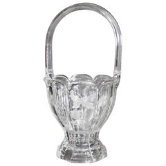 Large Antique Heisey Crystal Basket Vase with Etched Butterflies and Flowers