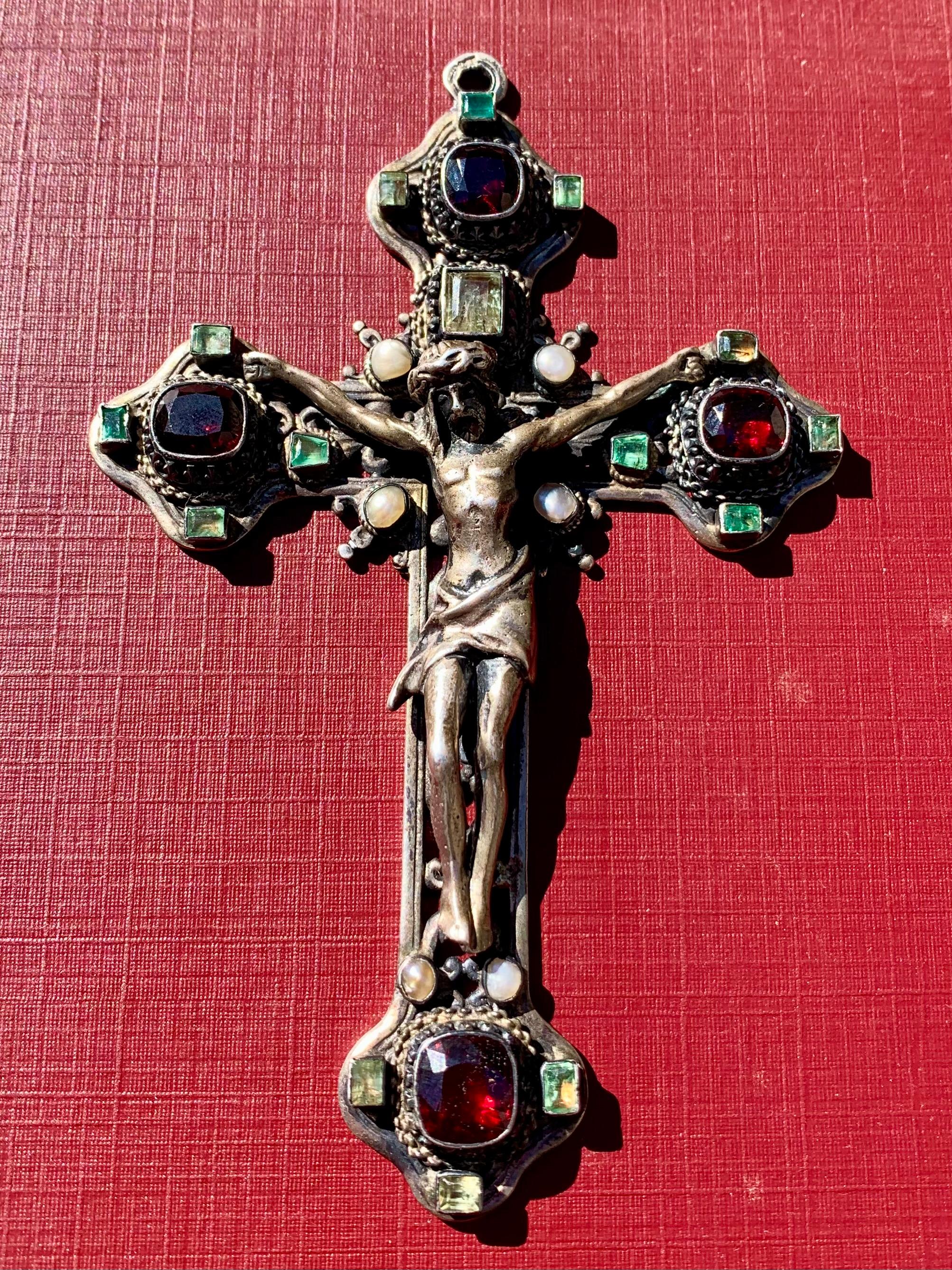 Large Antique High Renaissance Style Emerald Natural Pearl Garnet Silver Cross For Sale 6