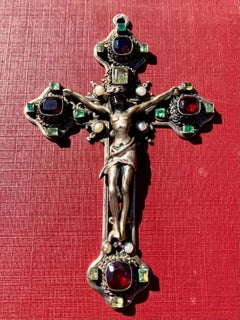 Large Antique High Renaissance Style Emerald Natural Pearl Garnet Silver Cross