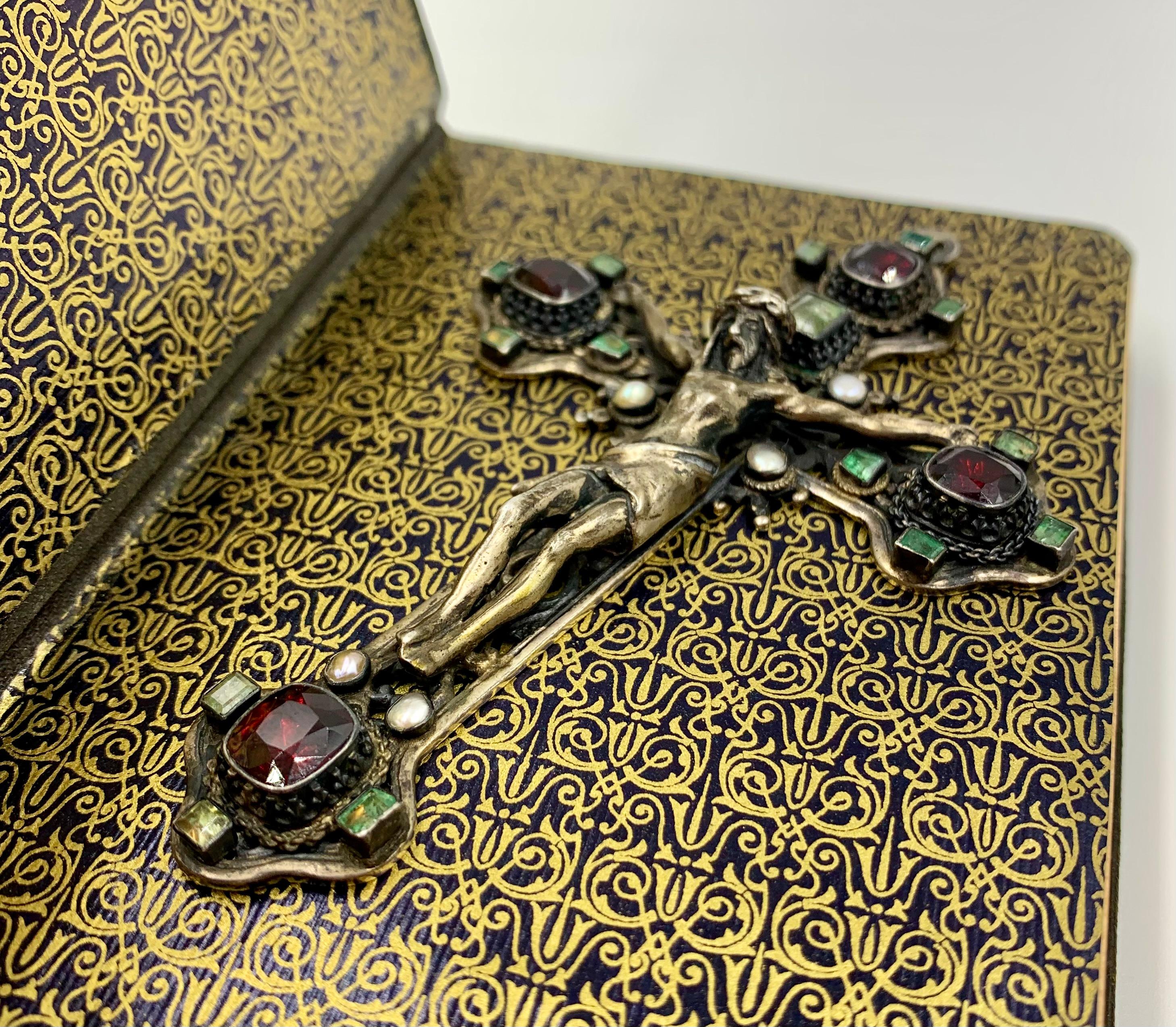 European Large Antique High Renaissance Style Emerald Natural Pearl Garnet Silver Cross For Sale