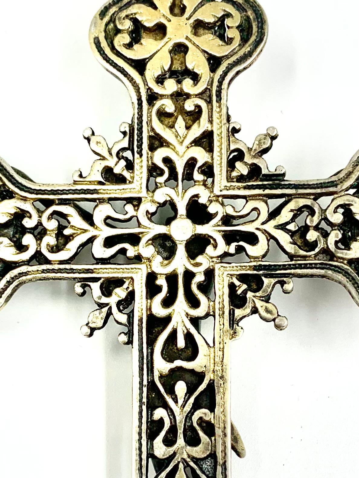 19th Century Large Antique High Renaissance Style Emerald Natural Pearl Garnet Silver Cross For Sale