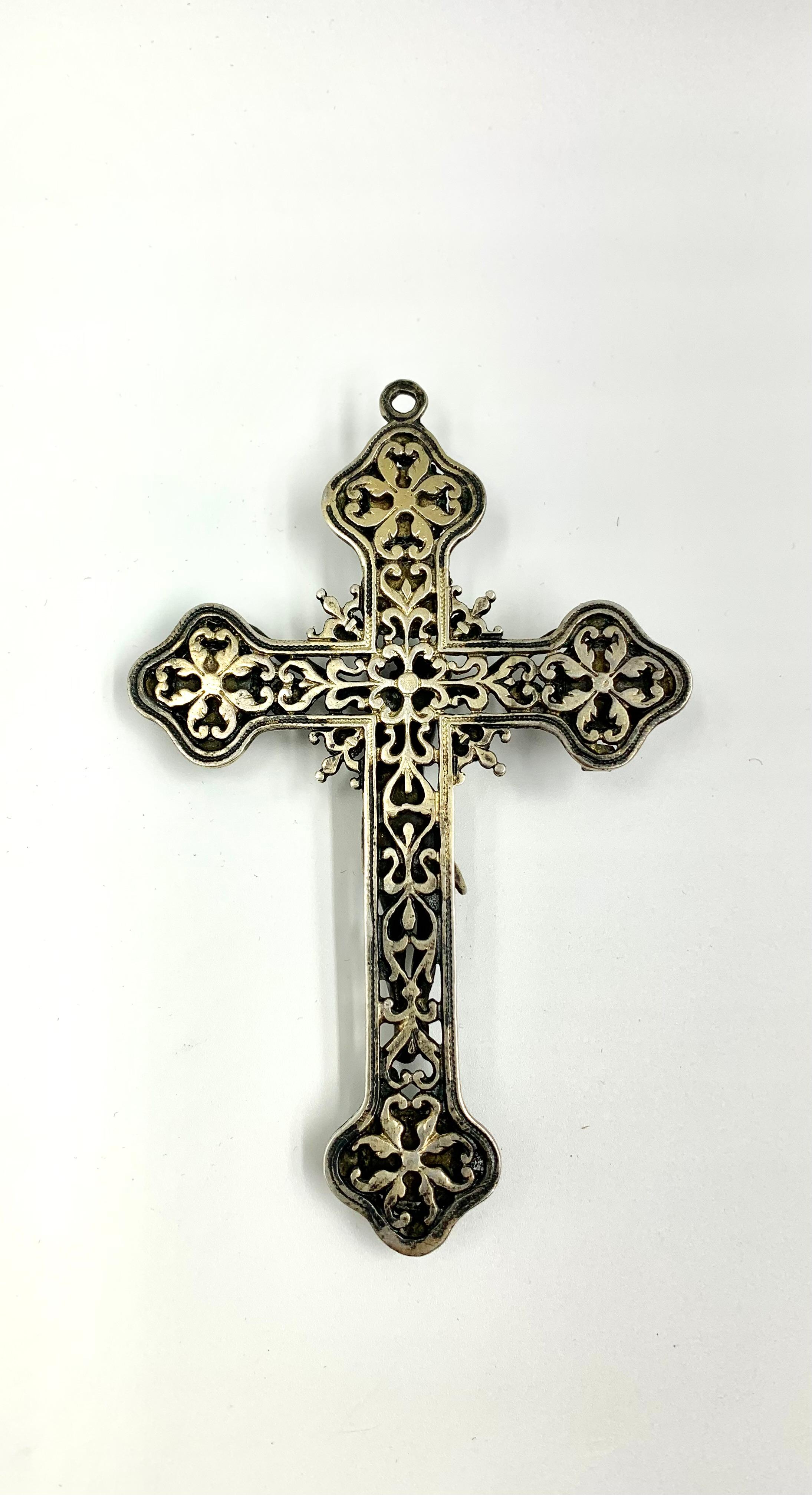 Large Antique High Renaissance Style Emerald Natural Pearl Garnet Silver Cross For Sale 1