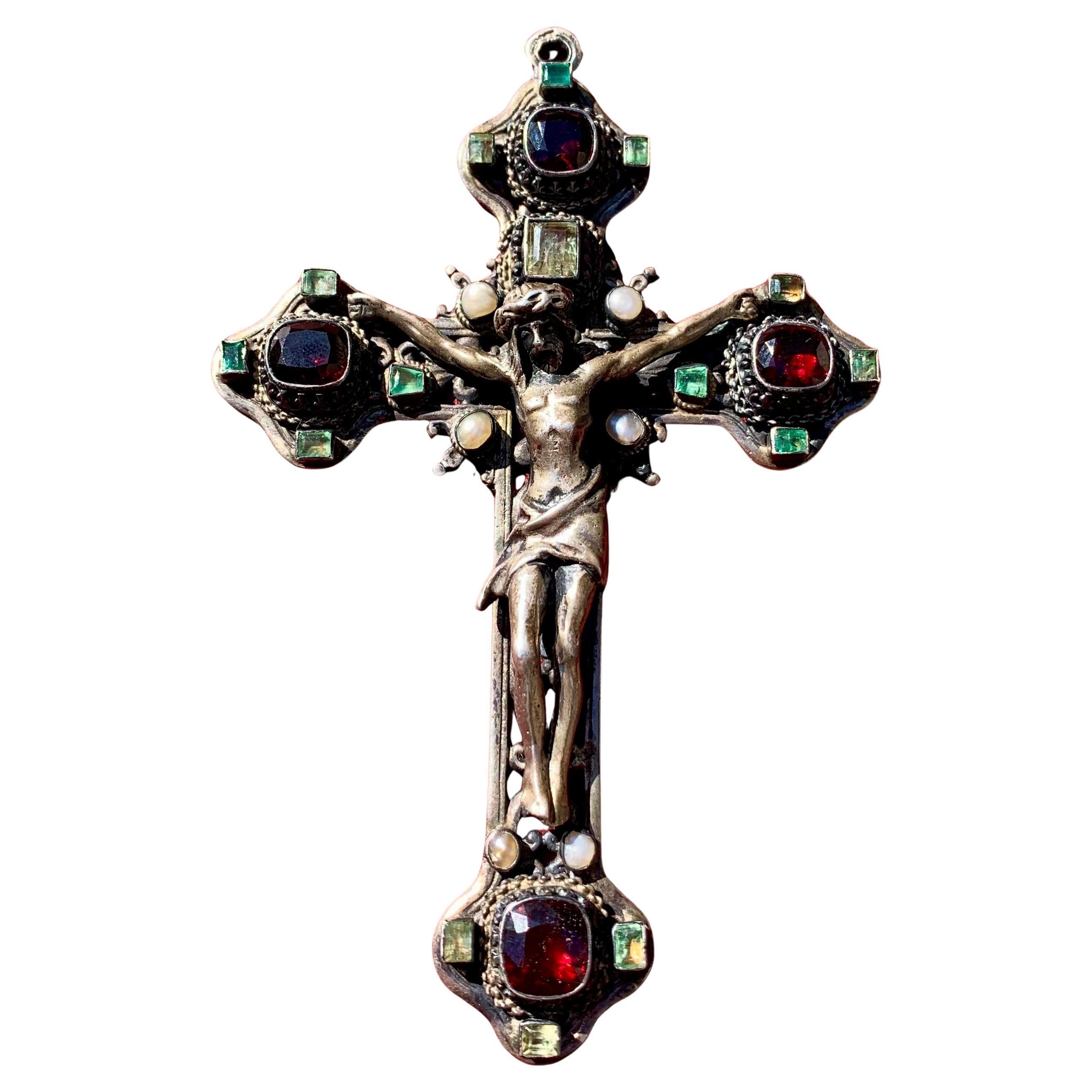 Large Antique High Renaissance Style Emerald Natural Pearl Garnet Silver Cross For Sale