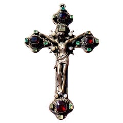 Large Antique High Renaissance Style Emerald Natural Pearl Garnet Silver Cross