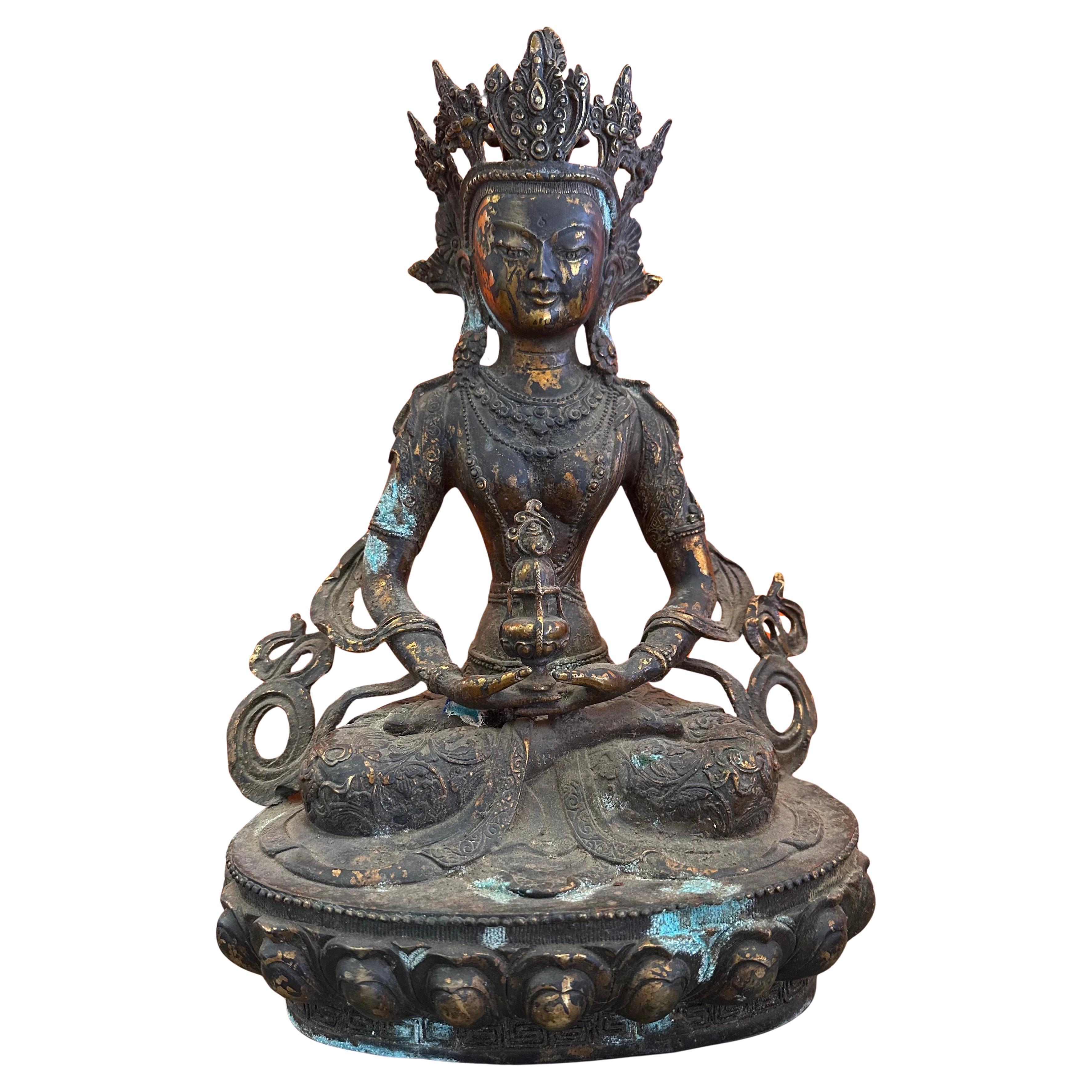 Große antike Bronze-Skulptur der Grünen Tara aus dem Himalaya, Ende des 19.