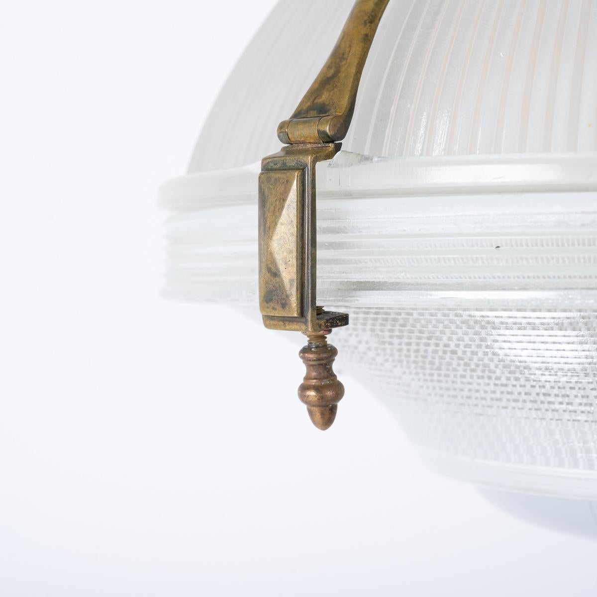 Fait main Large Antique Holophane Brass Caged Three Part Pendant Lights
