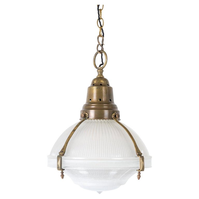 Large Antique Holophane Brass Caged Three Part Pendant Lights For Sale