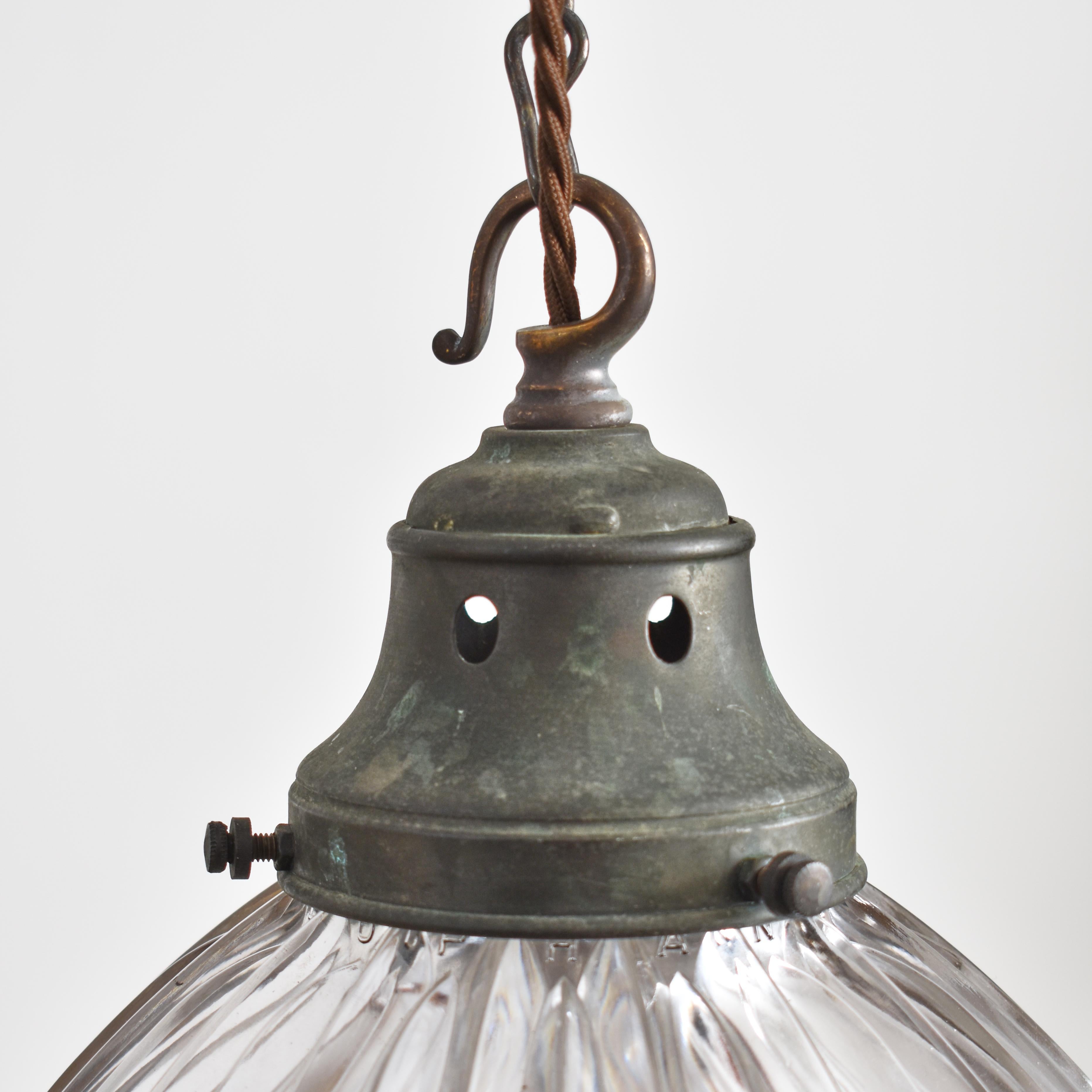20th Century Large Antique Holophane Prismatic Glass Church Pendant Light For Sale
