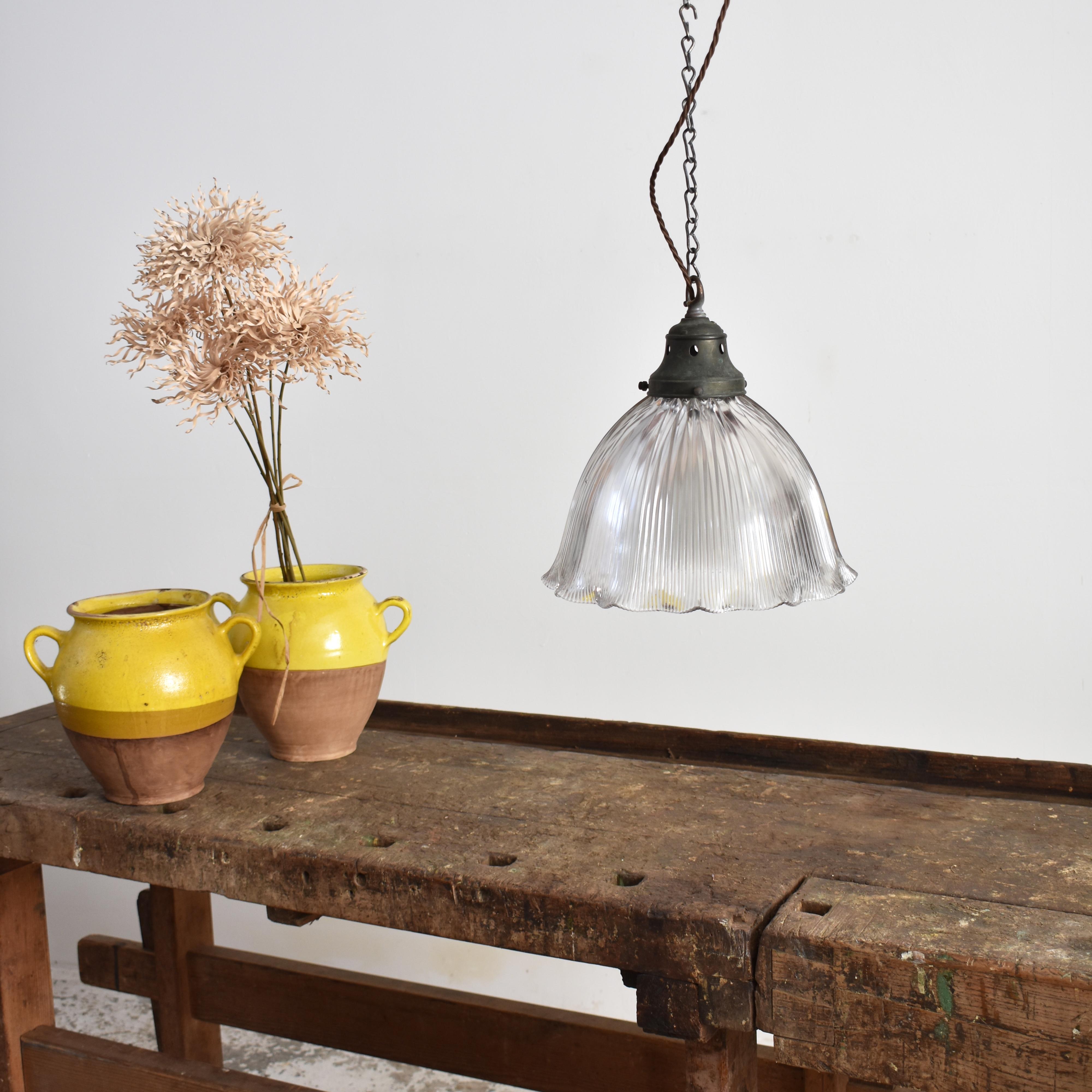 Aluminum Large Antique Holophane Prismatic Glass Church Pendant Light For Sale