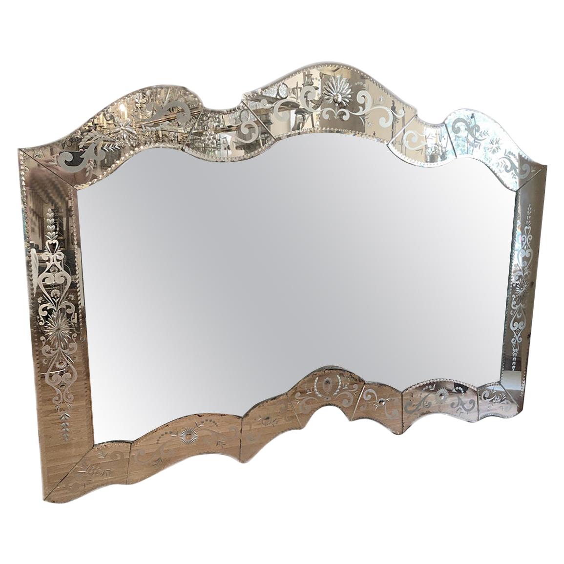 Large Antique Horizontal Venetian Mirror For Sale