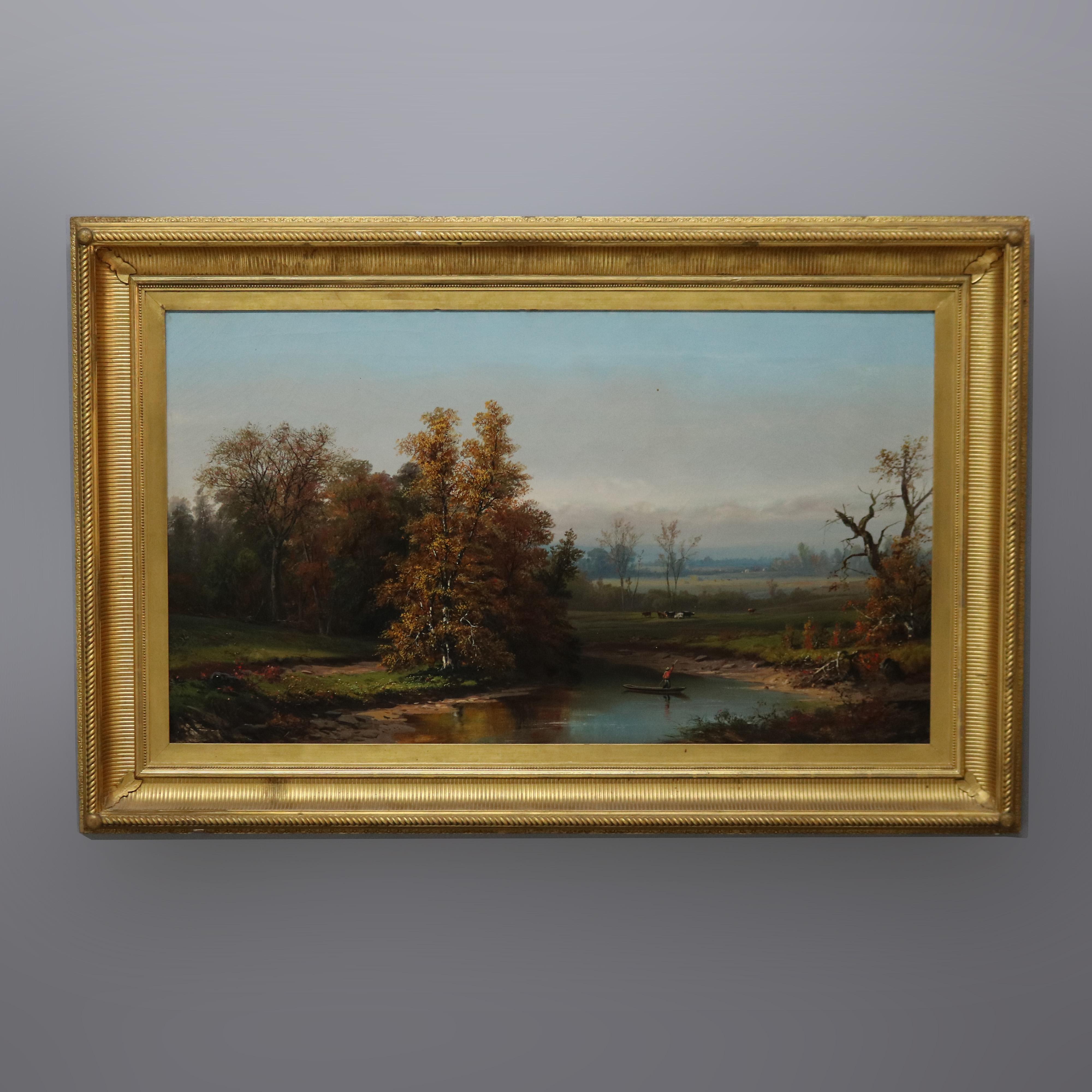 An oversized antique Hudson River School painting by Henry Boese (1824-1863) offers oil on canvas panoramic of New York including river, cattle, boat and figure, artist signed lower left, seated in giltwood frame

Measures- 33.75''H x 51.75''W x