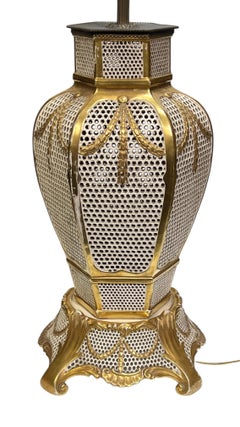 Large Antique Hungarian Gilt Porcelain Table Lamp by Fischer